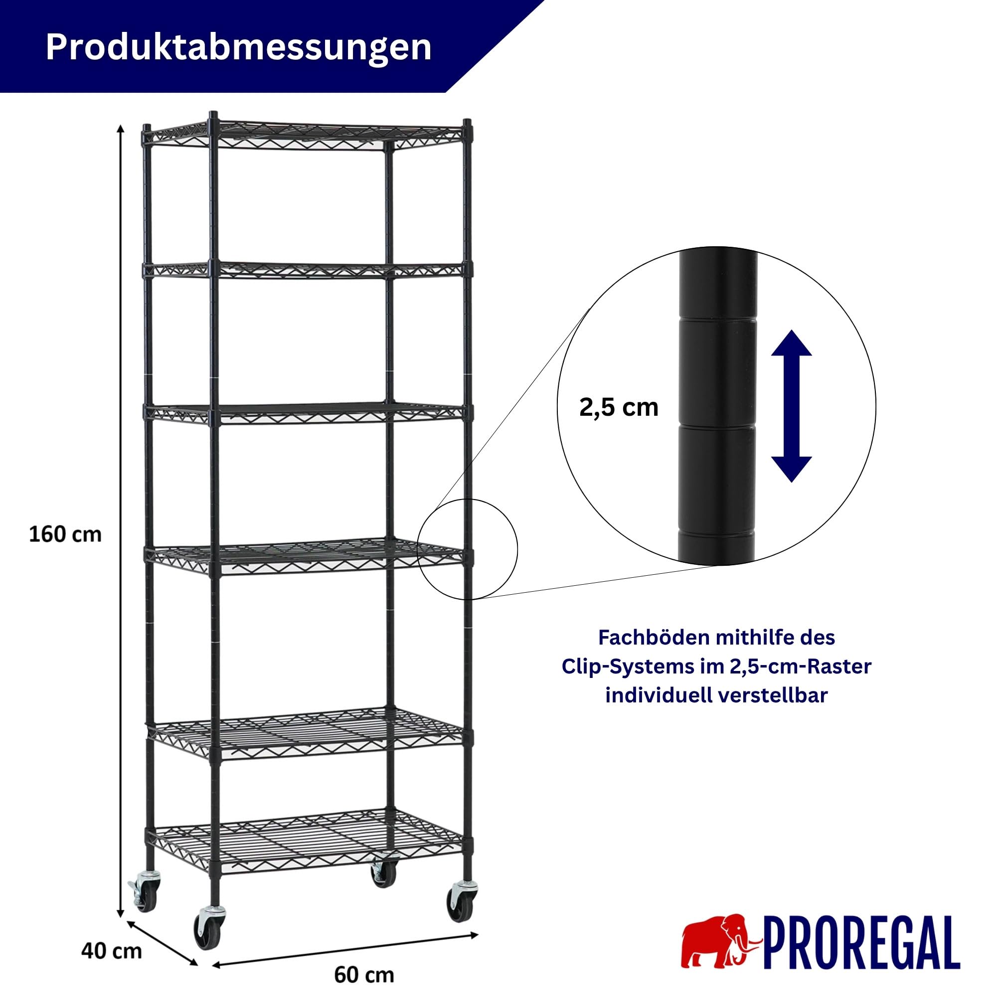 PROREGAL Gitterregal Hades mit Rollen & 6 Gitterböden Metall 160x60x40cm Fachlast 75kg Metallregal Schwarz Drahtregal Schmal Küchenregal Aufbewahrungsregal