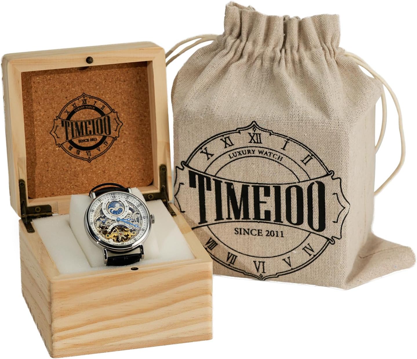 TIME100 Men's Automatic Watch Self Winding Mechanical Watch Genuine Leather Strap Skeleton Watches for Men - Image 5