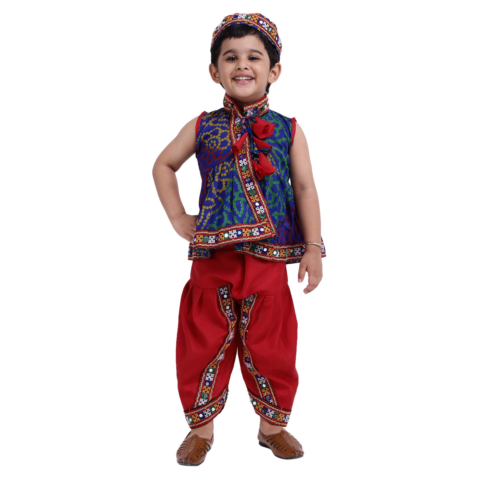 BownBeeEthnic Wear Bandhani Printed Front Open Navratri Kurta Kediyu Dhoti Set for Boys, Sleeveless Above Knee Kurta with Mandarin Collar, Ideal for All Festivals