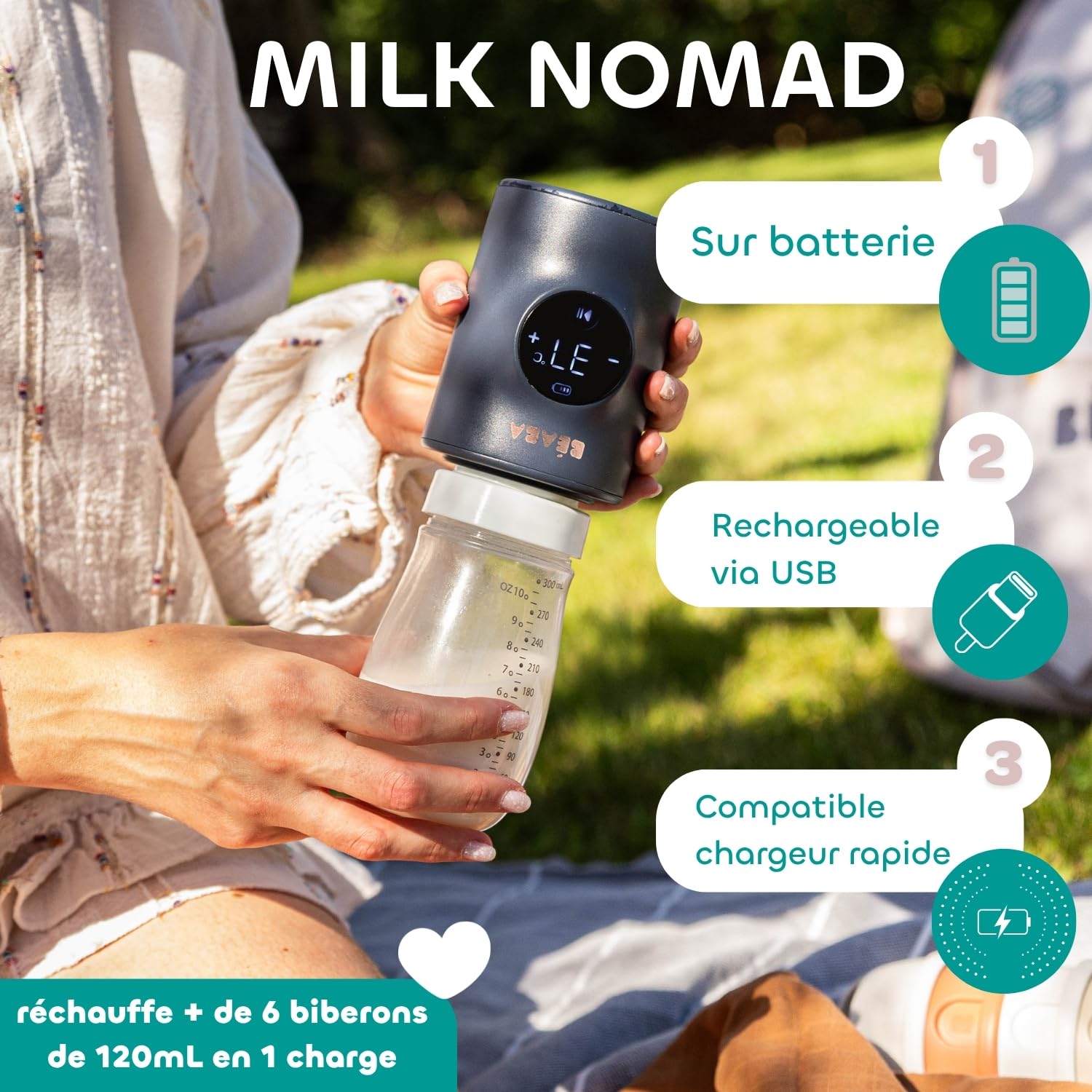 BÉABA - Milk Nomad - Chauffe-Biberon Nomade Ultra-Rapide sur Batterie – Chauffe en -3 min, Température Réglable (21-49°C), Mélangeur Antigrumeaux Breveté, USB-C, Compact & Compatible Biberons