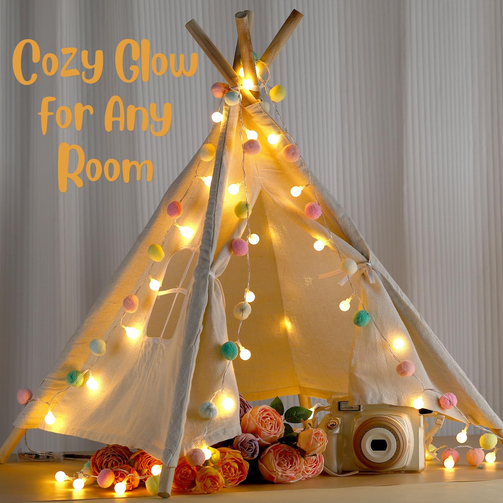 Guirlande lumineuse à pompons – 30 LED à piles et USB avec boules en forme de globe blanc chaud – Jolie décoration d'intérieur pour chambre à coucher, chambre d'enfant, maison de jeu, rentrée scolaire