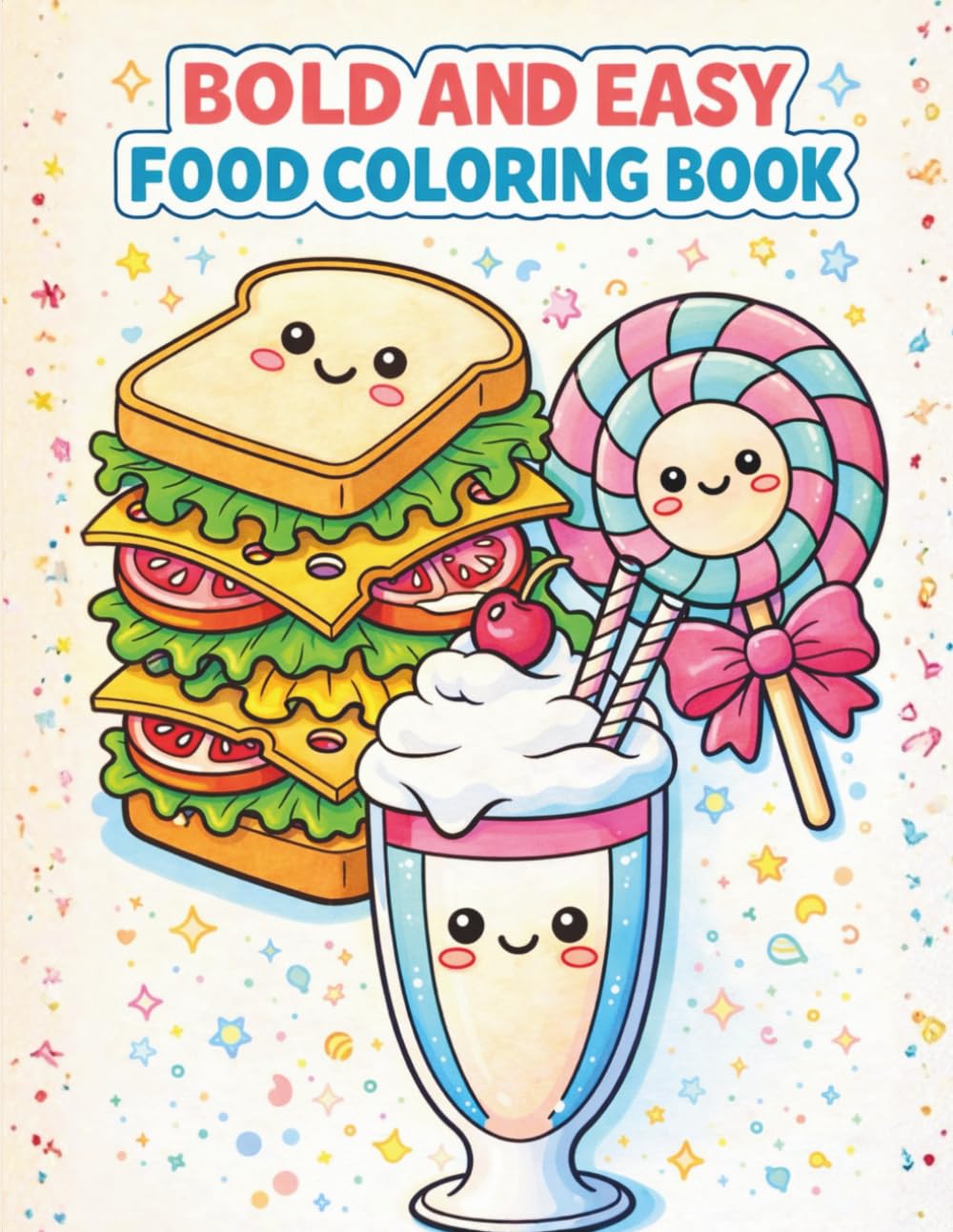 Bold and Easy Food Coloring Book: Simple, Cute and Relaxing Kawaii Food Designs for Adults, Beginners and Kids | Fun Stress Relief with Pizza, Burgers, Sweets, Snacks & Drinks