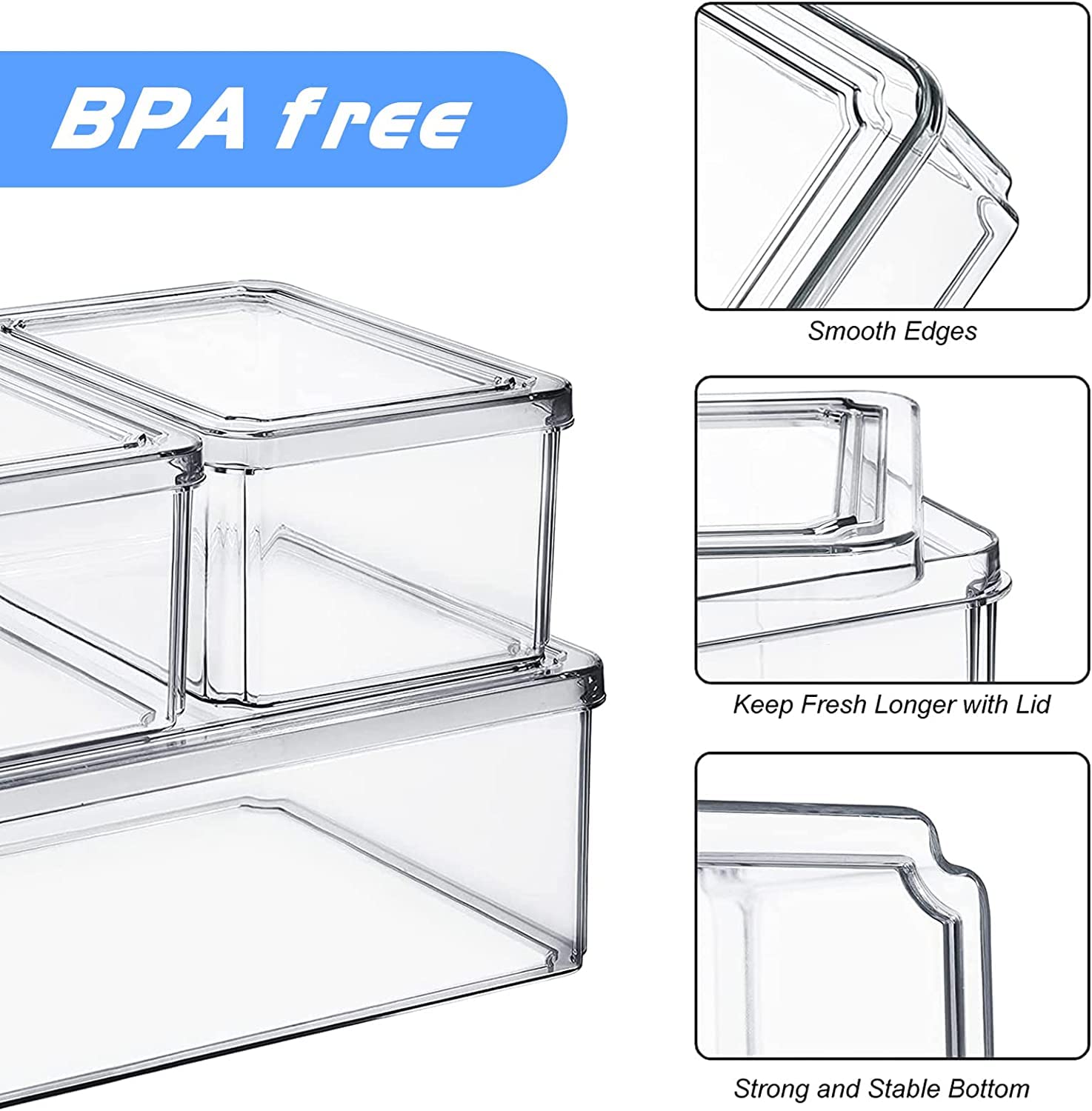 Juego de 7 organizadores de refrigerador apilables con tapas, juego de contenedores de almacenamiento de plástico transparente, frutas, verduras