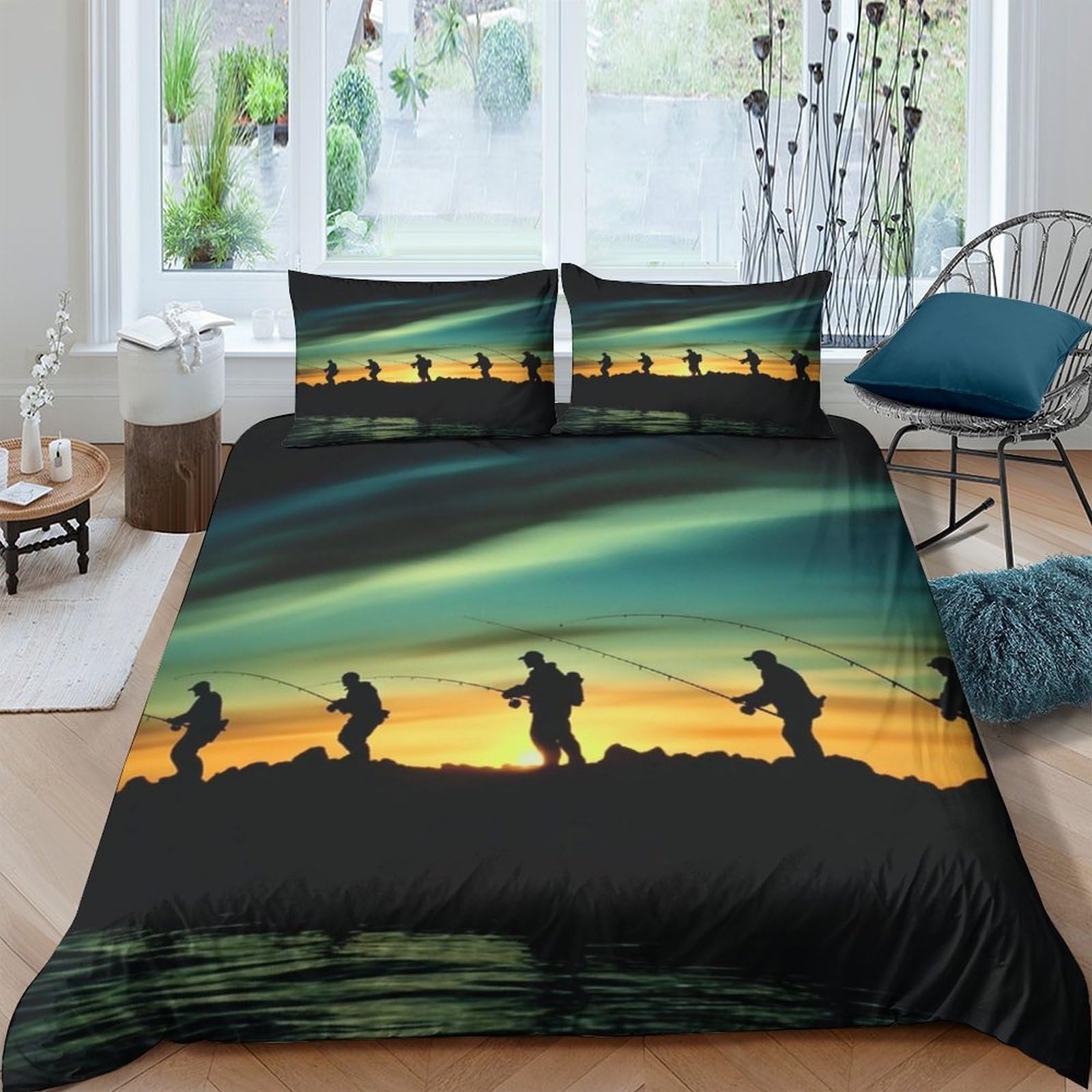 Ctjqhvkz Style-4 3D Printed Aurora Borealis Fitted Sheet Microfiber Soft Fishing Silhouette Mattress Cover For Bedroom Dorm Decor Single（135X200cm）