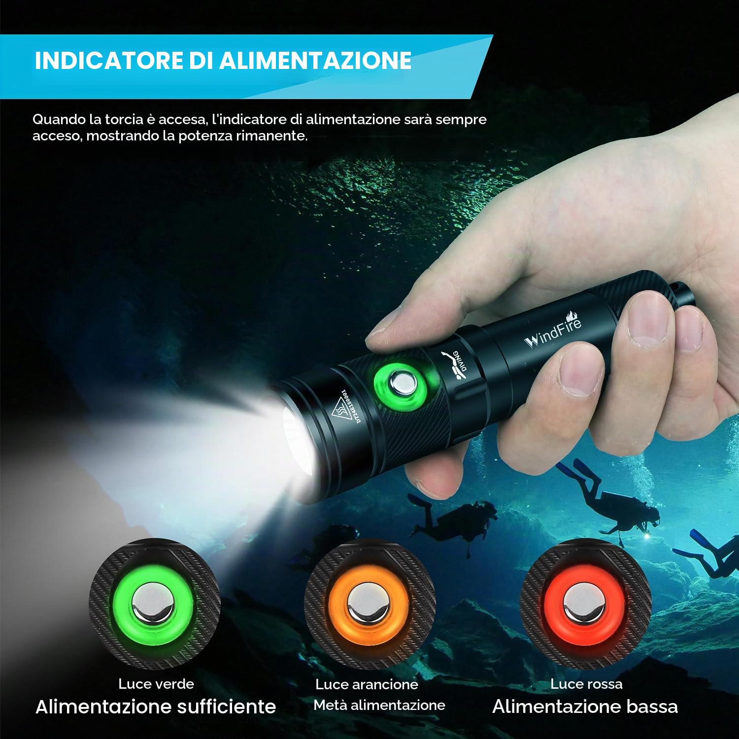 WINDFIRE Torcia Subacquea 8000 Lumen, IPX8 Torcia Impermeabile, 4 Modalità Luci Subacquee con Indicatore di Potenza, Luce snorkeling per Immersioni Notturne