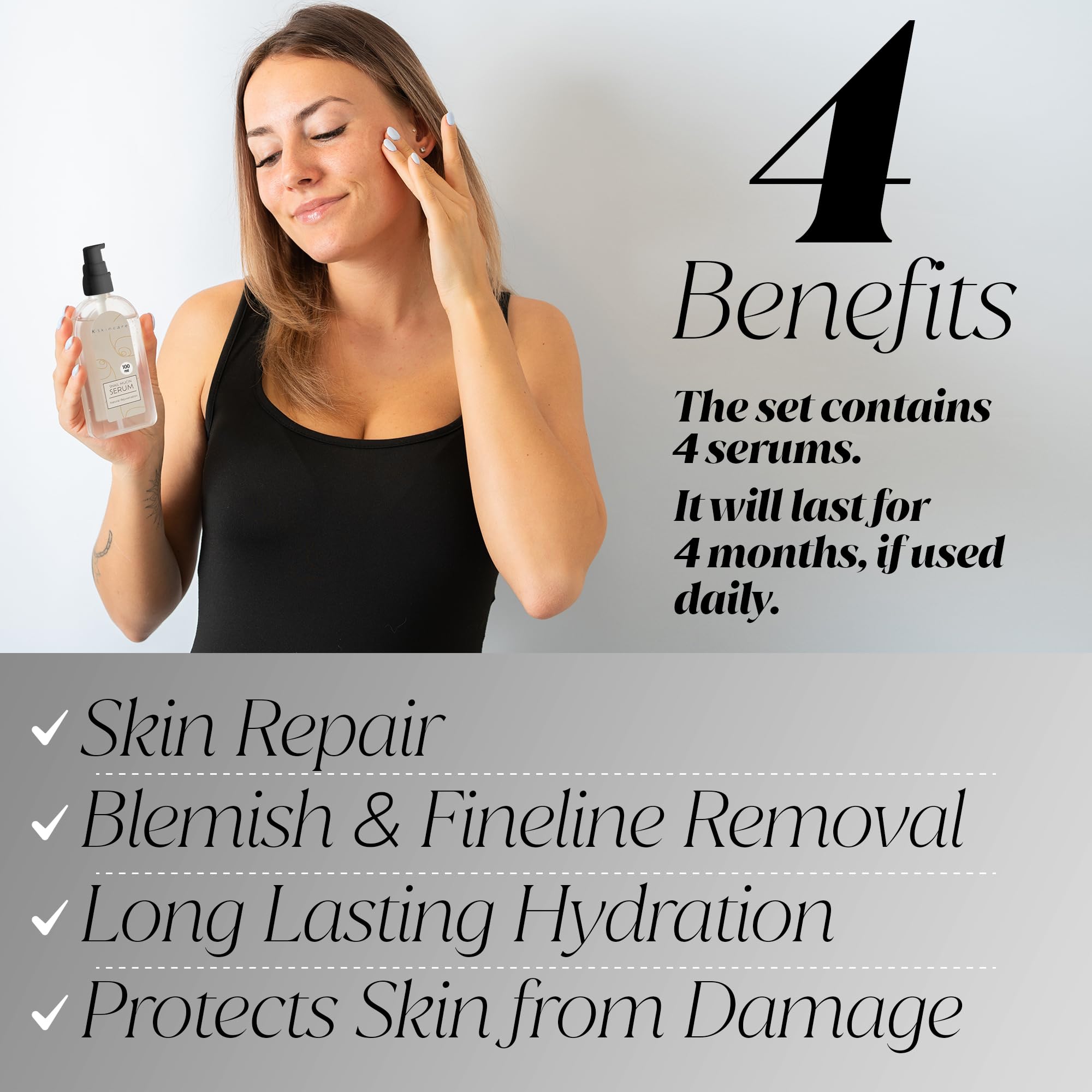 x4 Snail Mucin Essence Serum & Hyaluronic Acid, All In One Advanced Skin Repair, Deep Hydration, Blemish & Fine Line Removal - Image 3