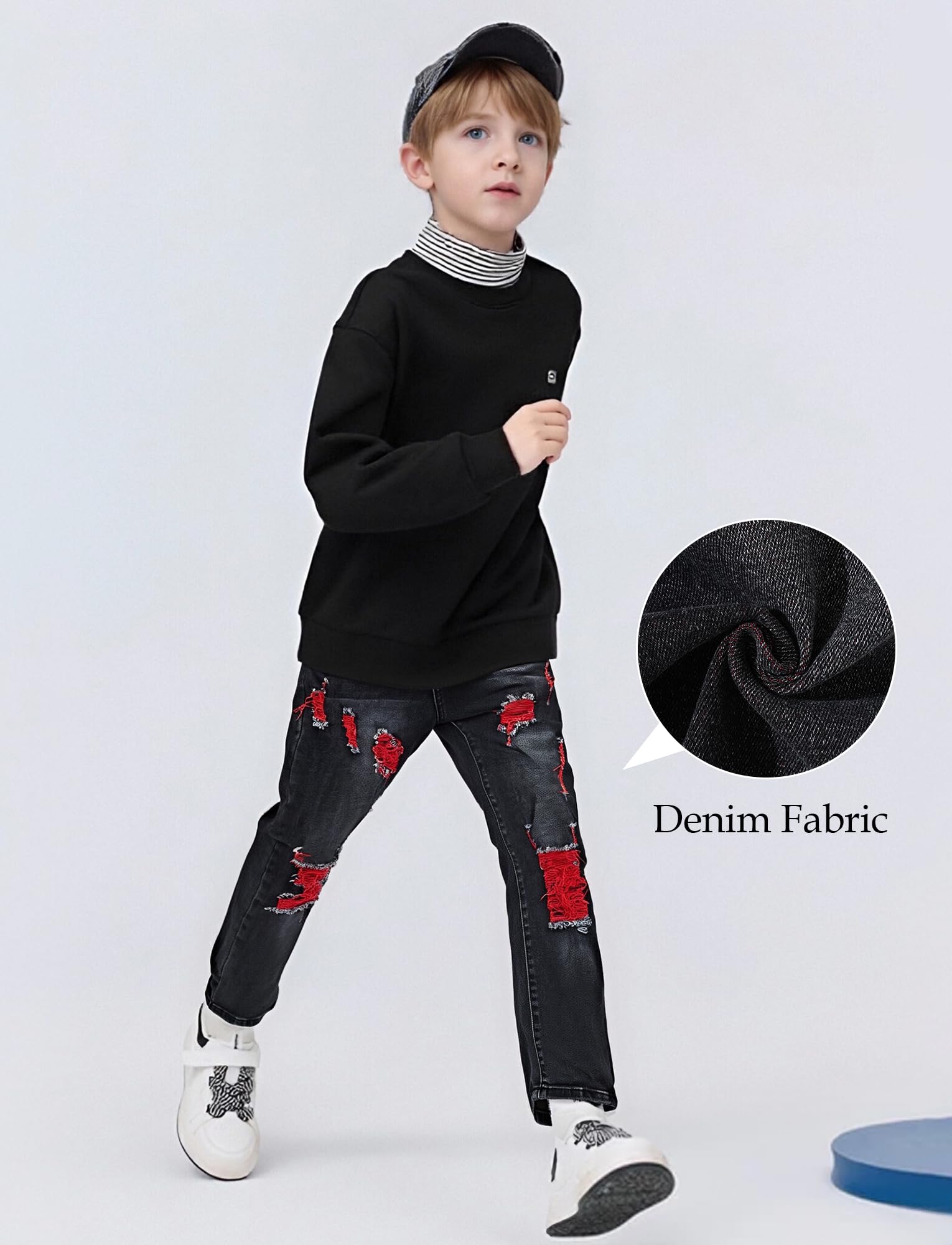 FEOYA Kids Jean Slim Fit prążkowane spodnie dla nastolatków skinny denim, chłopięce spodnie dżinsowe, podarte, elastyczne, dla dzieci, na wiosnę, z gumowym ściągaczem, długie z otworami, 7-16 lat