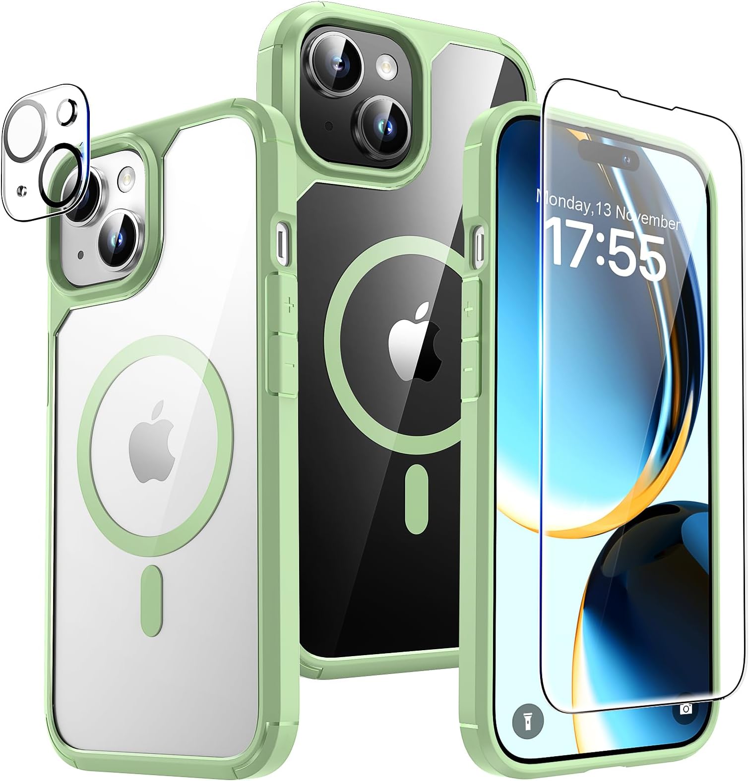 TAURI 5 in 1 Magnetic Case for iPhone 15 Plus Case 6.7 [Military Grade Drop Protection] with 2 Screen Protector and 2 Camera Lens Protector, Transparent Slim Fit Designed for Magsafe Phone Case-Green