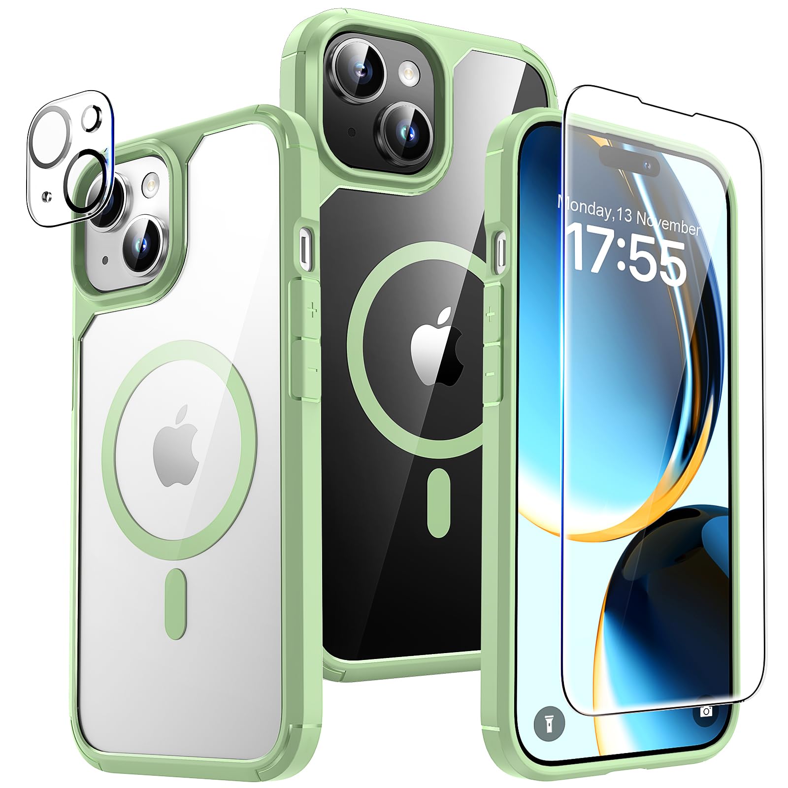 TAURI 5 in 1 Magnetic Case for iPhone 15 Plus Case 6.7 [Military Grade Drop Protection] with 2 Screen Protector and 2 Camera Lens Protector, Transparent Slim Fit Designed for Magsafe Phone Case-Green