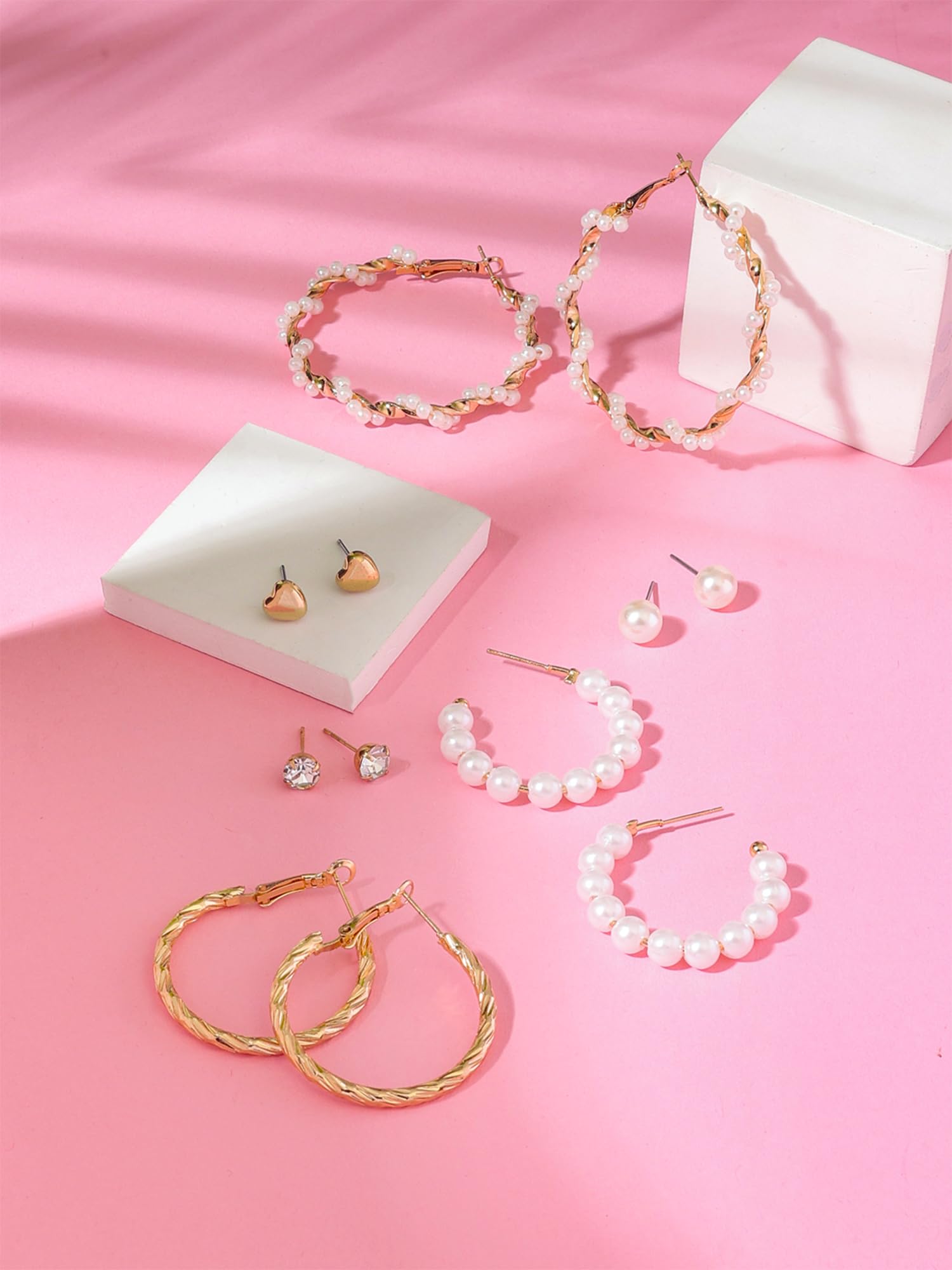 Yellow Chimes Combo of 6 Pairs Crystal Pearl Gold Plated Stud Hoop Earrings Set for Women and Girls, gold, white (YCFJER-STUDHOOP-GL) 3