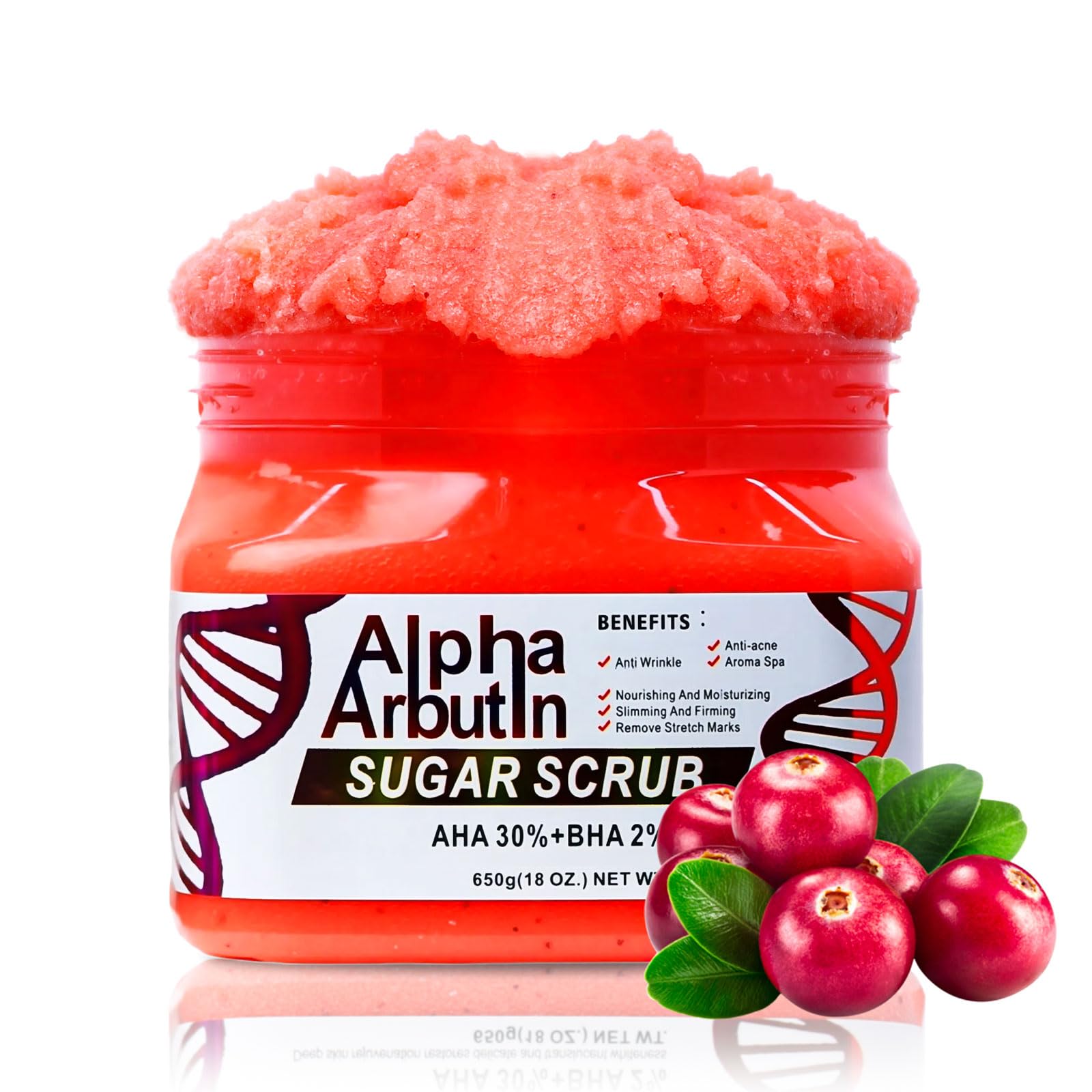 Alpha Arbutin Sugar Body Scrub, AHA + BHA, Anti-Acne, Anti-Wrinkle, Nourishing and Moisturizing Formula, 18 Oz (1)