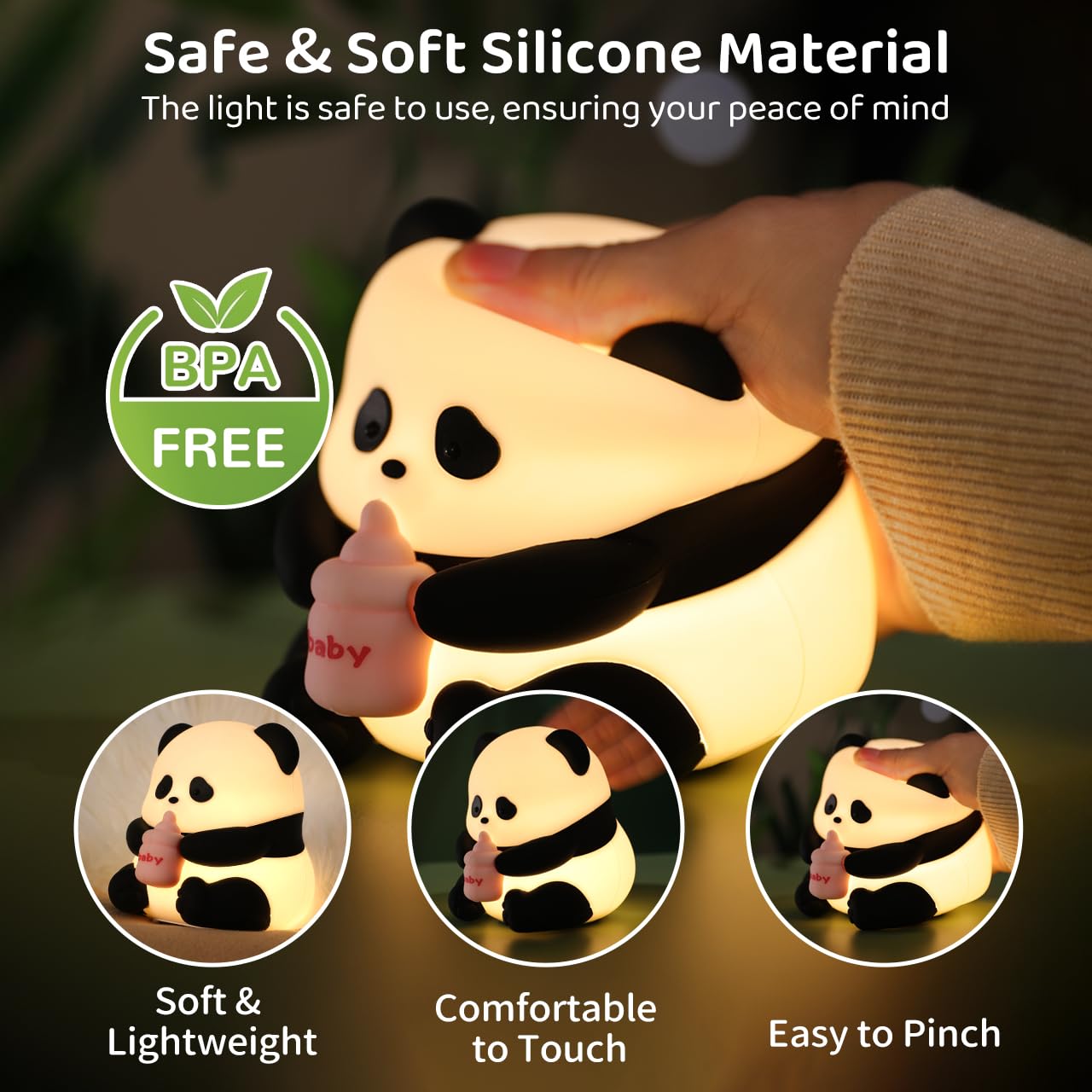Niedliches Panda-LED-Nachtlicht, dimmbare Squishy-Nachtlampe, Silikon-Nacht-Schlafzimmerlampe, USB-wiederaufladbares Schreibtischlicht, Hasen-Wecker, Geschenk für Kinder, Mädchen, Jungen, Familie