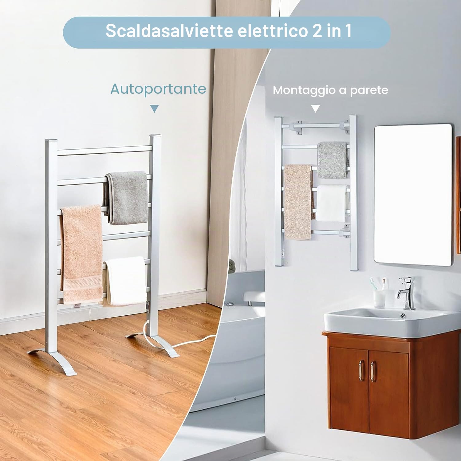 FANTASK Scaldasalviette elettrico 2 in 1, portasciugamani con 6 aste, autoportante e montato a parete, 100 W, telaio in alluminio, scaldasalviette
