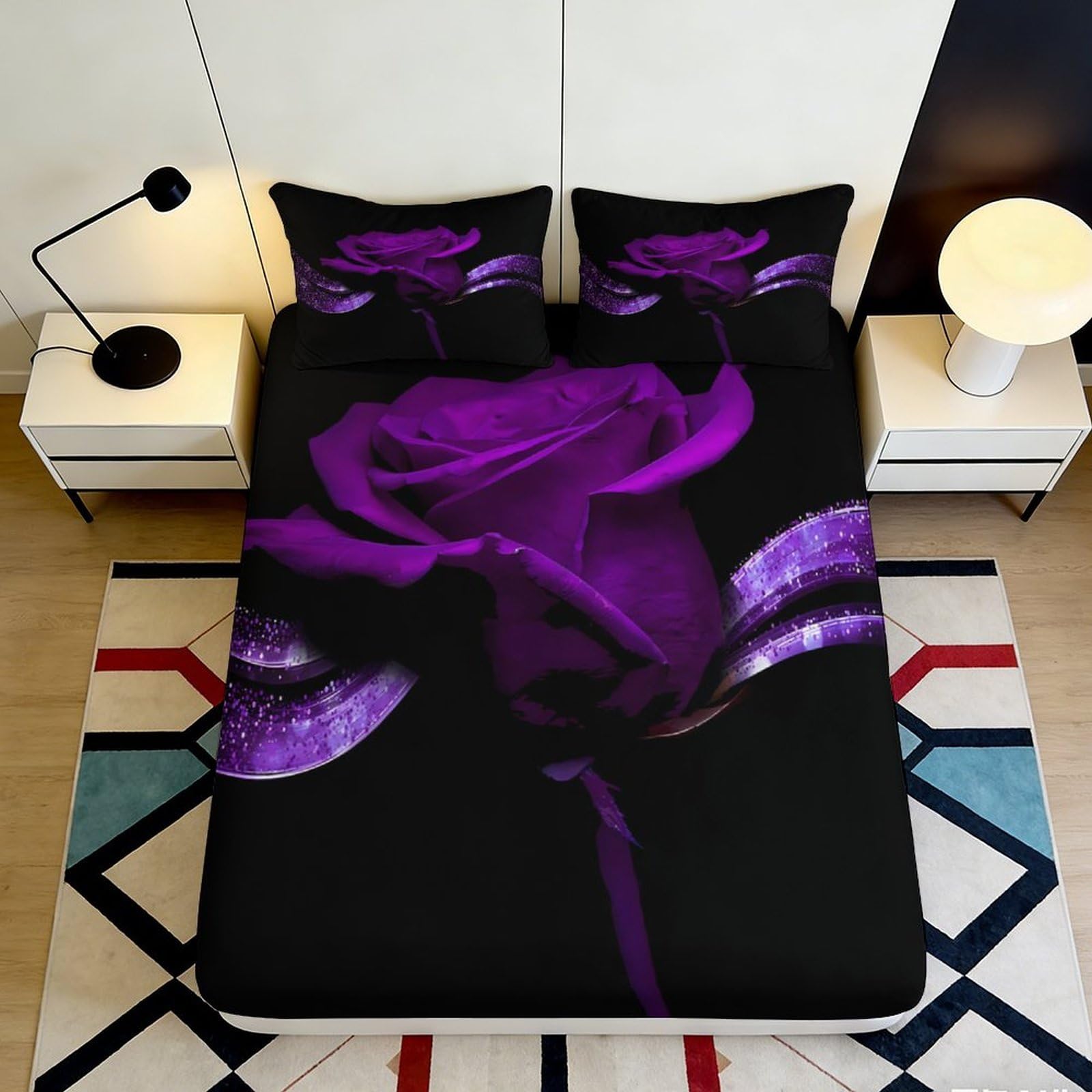 Pnayamiorkfel Style-6 3D Printed Purple Rose Fitted Sheet Microfiber Soft Bedroom Decor Elegant Ribbon Mattress Cover For Home Dorm Guest Room 90X200x25cm