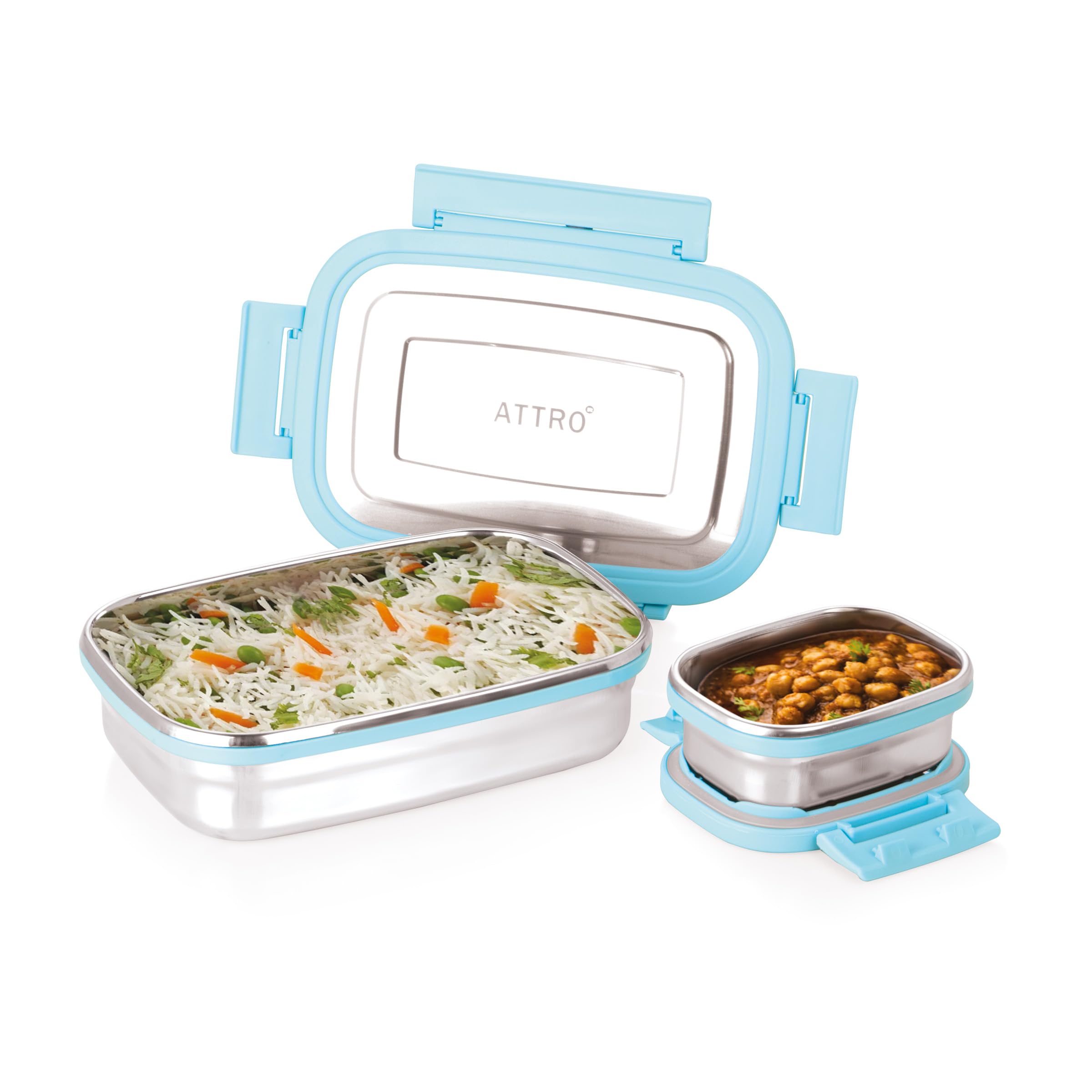 ATTRO Click Eat Junior Stainless Steel Lunch Box with 1 Small Box Airtight Spill Proof BPA Free Ideal for Office, School, Picnic - 650ml+140ml Sky Blue