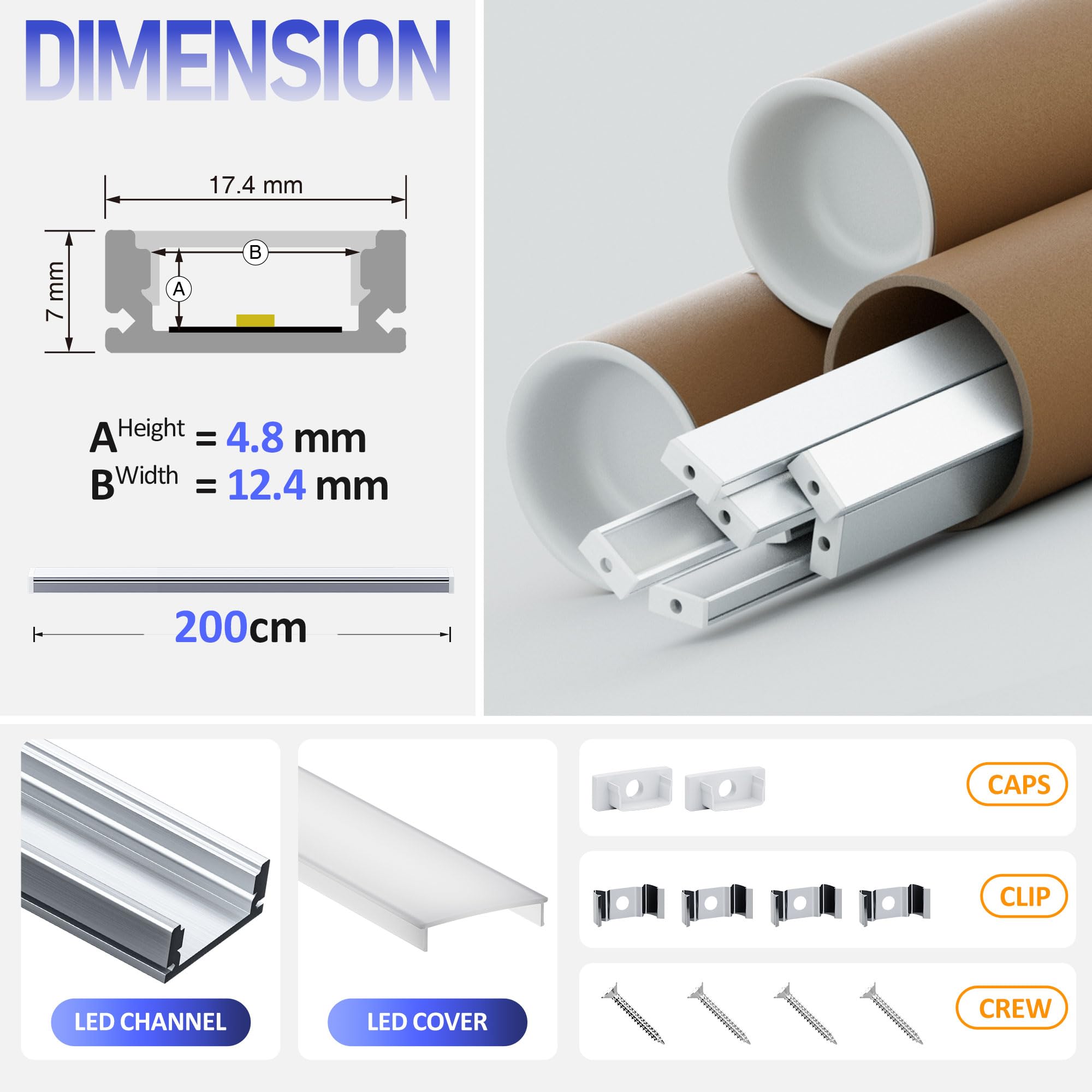 5 x LED Profil für Streifen 2 m (10 m), LED Schiene Aluminium für Trockenbau, geeignet für LED Stripes bis 12 mm Breite, Maße: 17.4 x 7 mm, Einbau für Fliesen, Gipskarton, Holzpaneele