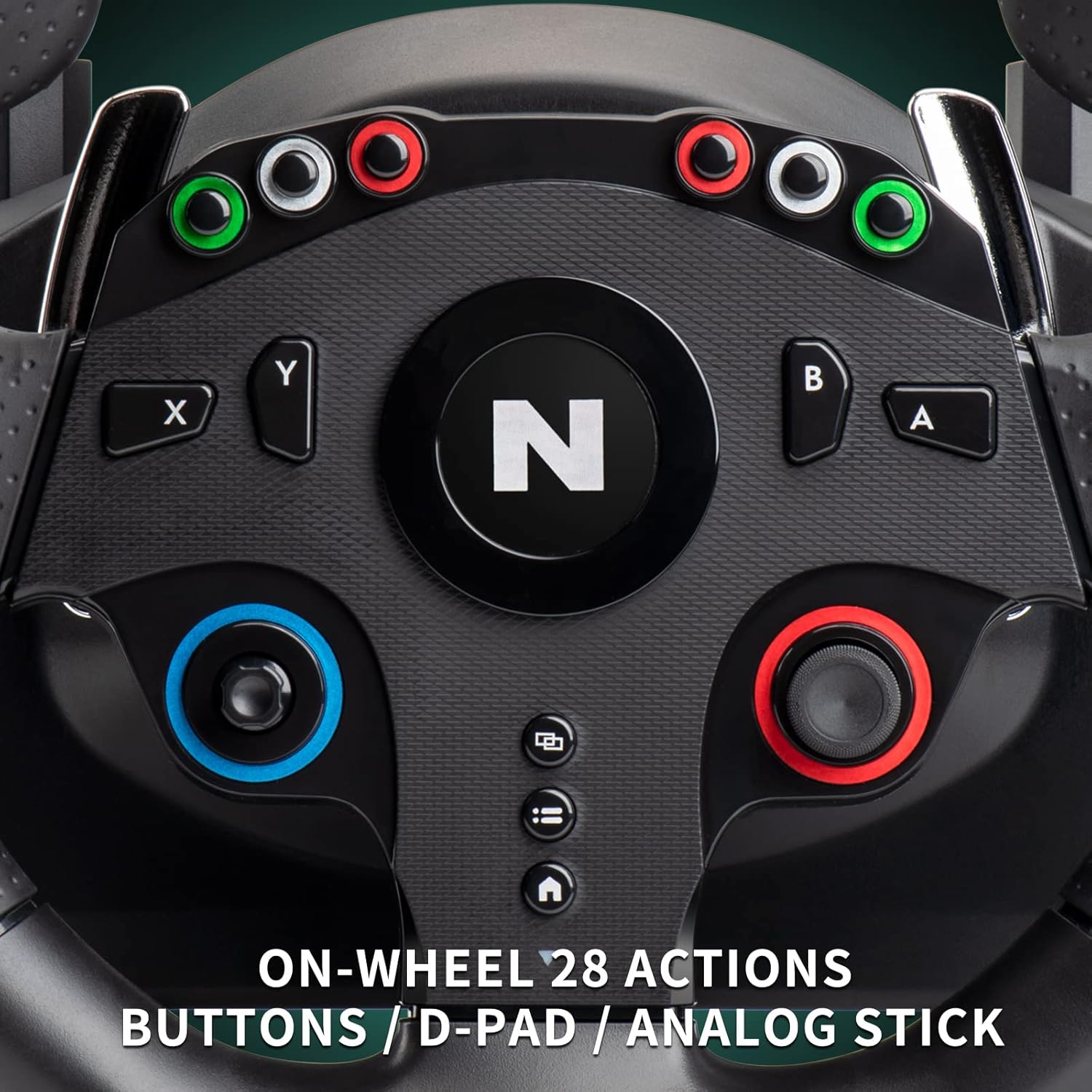 Close-up of the NITHO Drive Pro ONE racing wheel showing the 28 action buttons, D-Pad, and analog sticks.