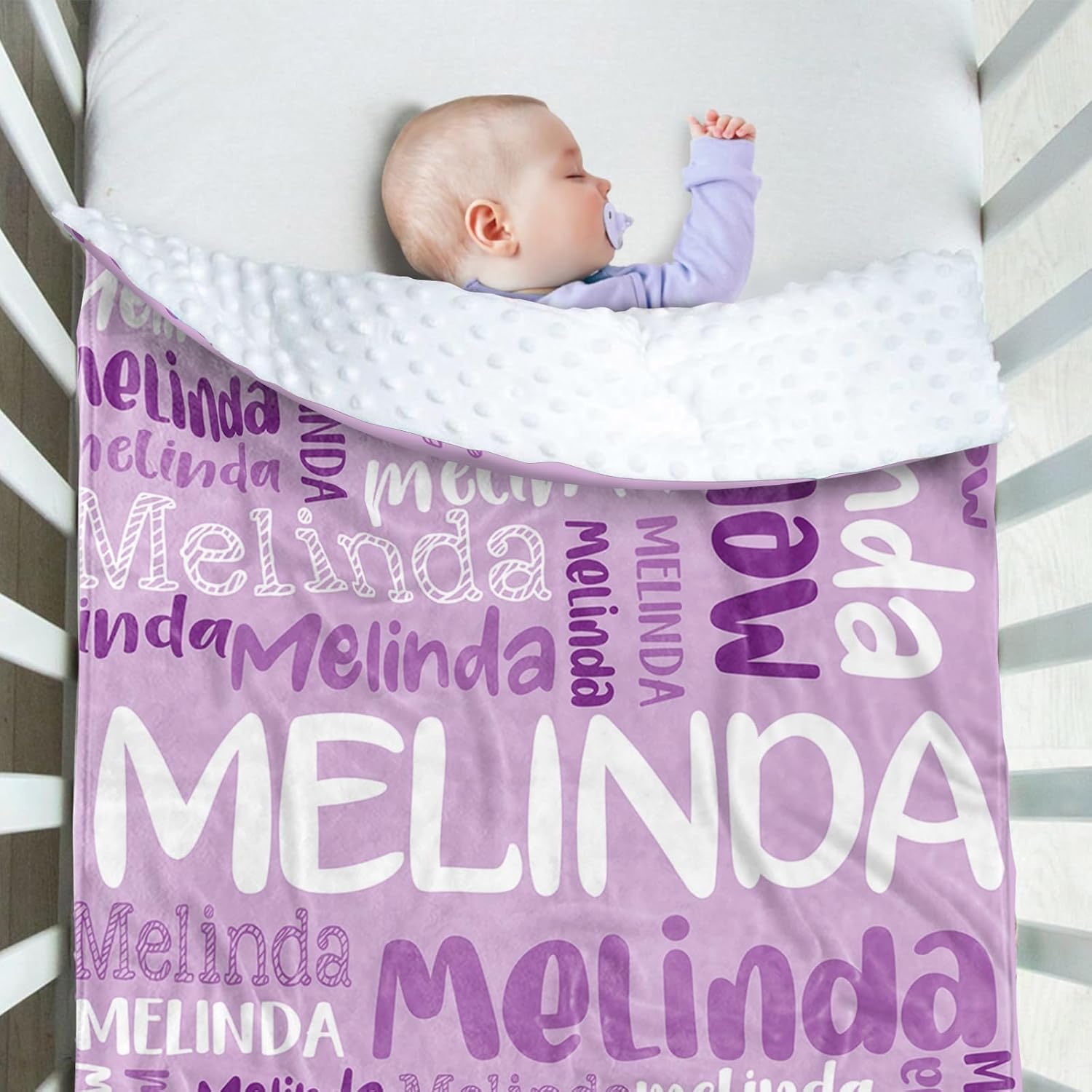 Custom Baby Blanket with Name, Soft Plush Blanket with Double Layer Dotted Backing for Toddler, Baby Nursery Bed Blanket, Newborn, Light Purple