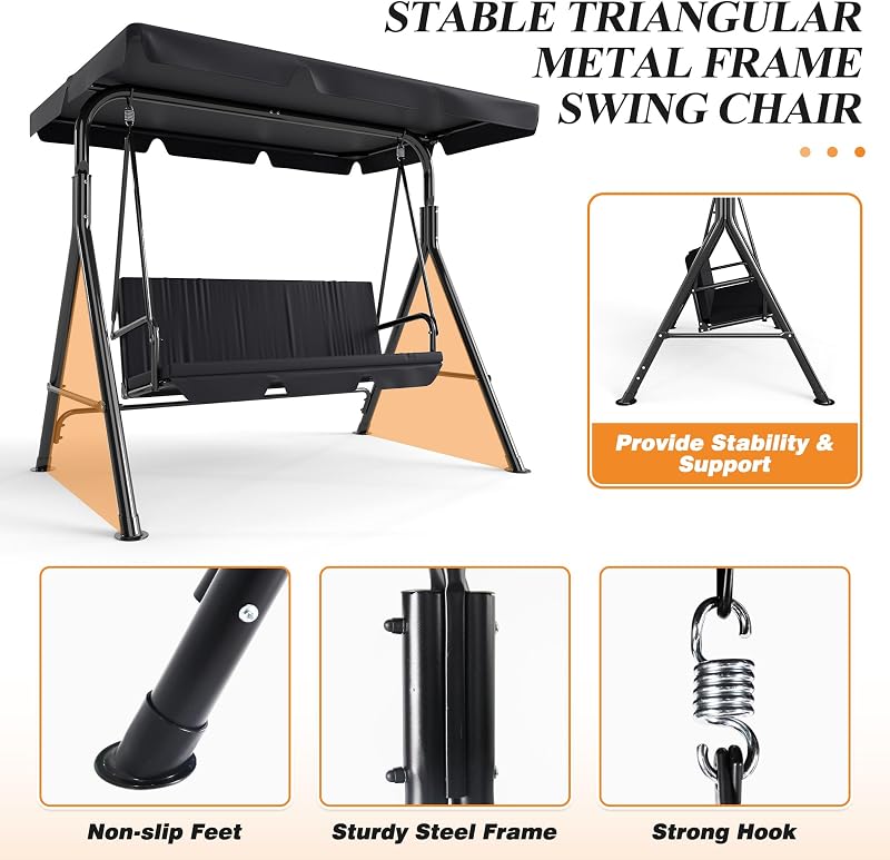 3-Seat Patio Swing Chair, Black image 2