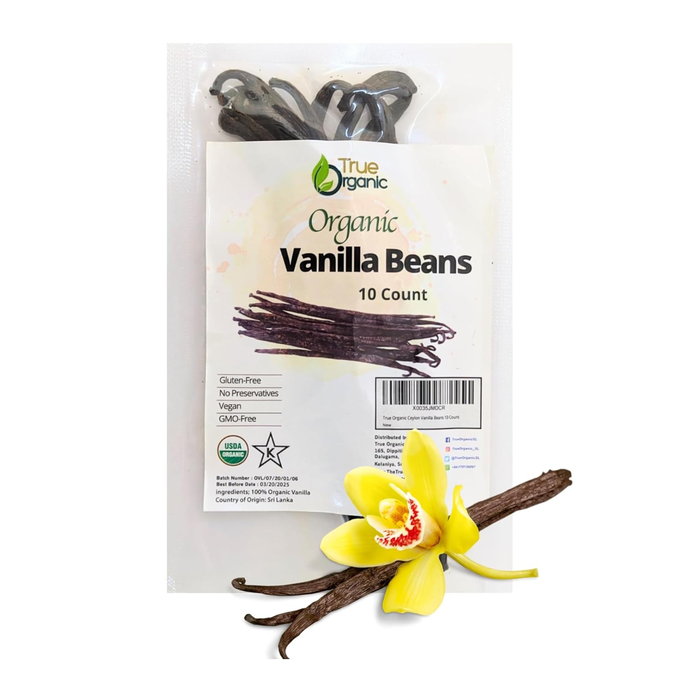 True Organic Vanilla Beans Whole, 10 Count, Premium Quality Extract Exclusive, Gluten Free, USDA & Kosher Certified, Non-GMO Whole Vanilla Beans for BakingUSDA Organic