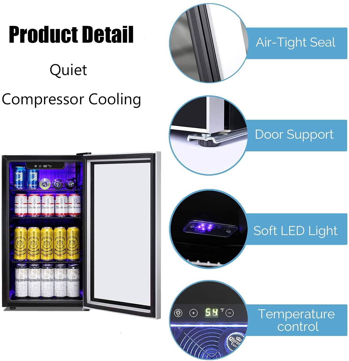 Antarctic Star Beverage Refrigerator -125 Can Mini Fridge For Soda Beer Or Wine, Stainless Steel Door Frame, For Office Or Bar With Adjustable Removable Shelves, Black, 3.3 Cu.Ft on Fridge.com - View 2