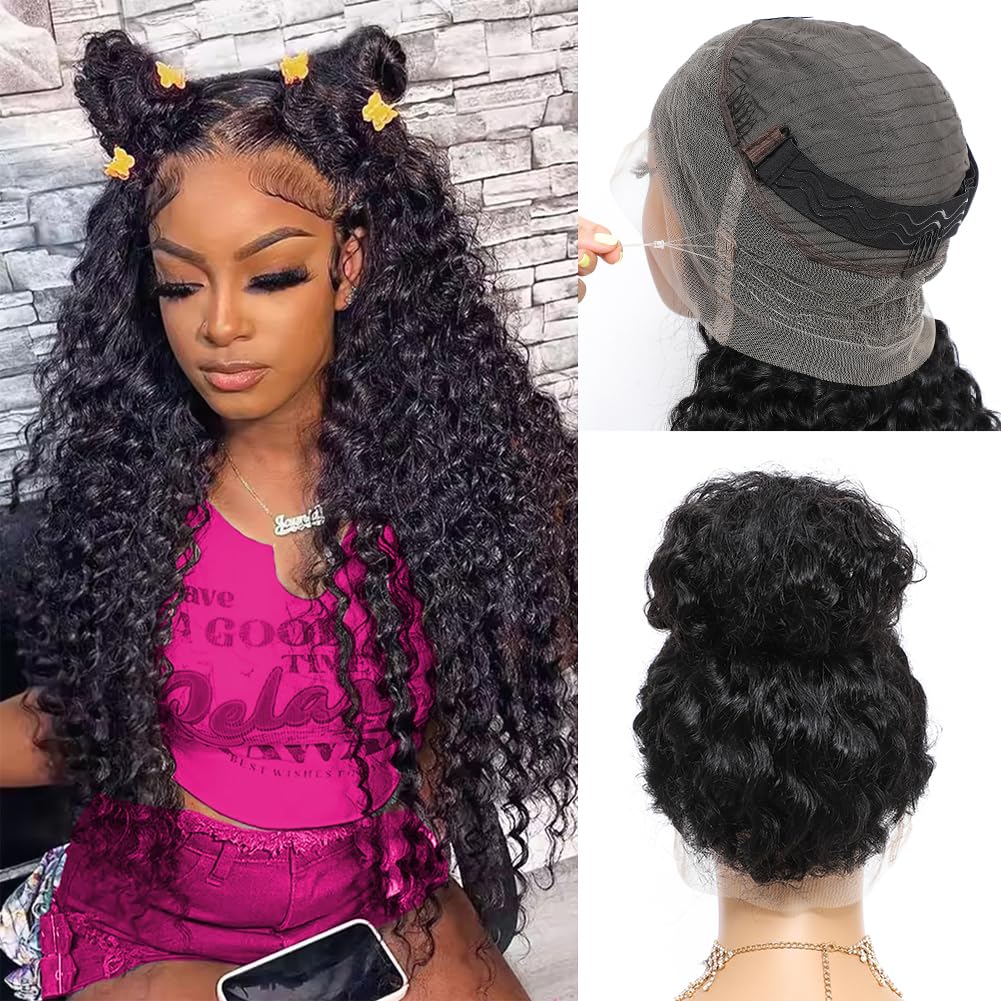 Gurxen 360 Lace Front Wigs Human Hair Hidden Strap Deep Wave Lace Frontal Wig Pre Plucked Drawstring Wig Human Hair 200 Density HD Full Lace Front 360