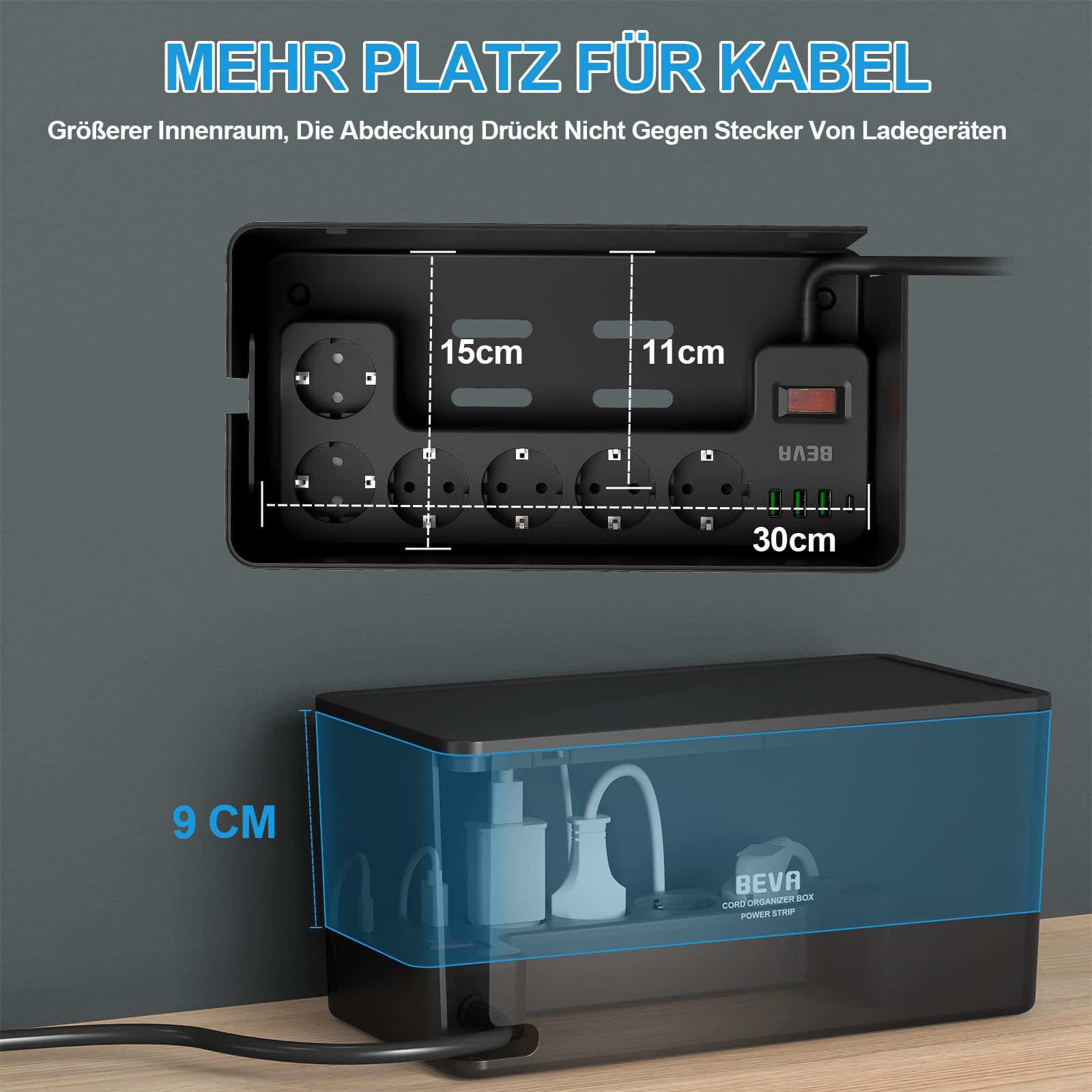 BEVA Kabelbox mit Steckdosenleiste 3680W/16A und 4M Kabel, Schwarz | 1050J Steckdosenleiste Überspannungsschutz , Mehrfachsteckdose mit 6 Steckdosen+ 3USB-A+1USB-C , Mehrfachstecker mit Schalter