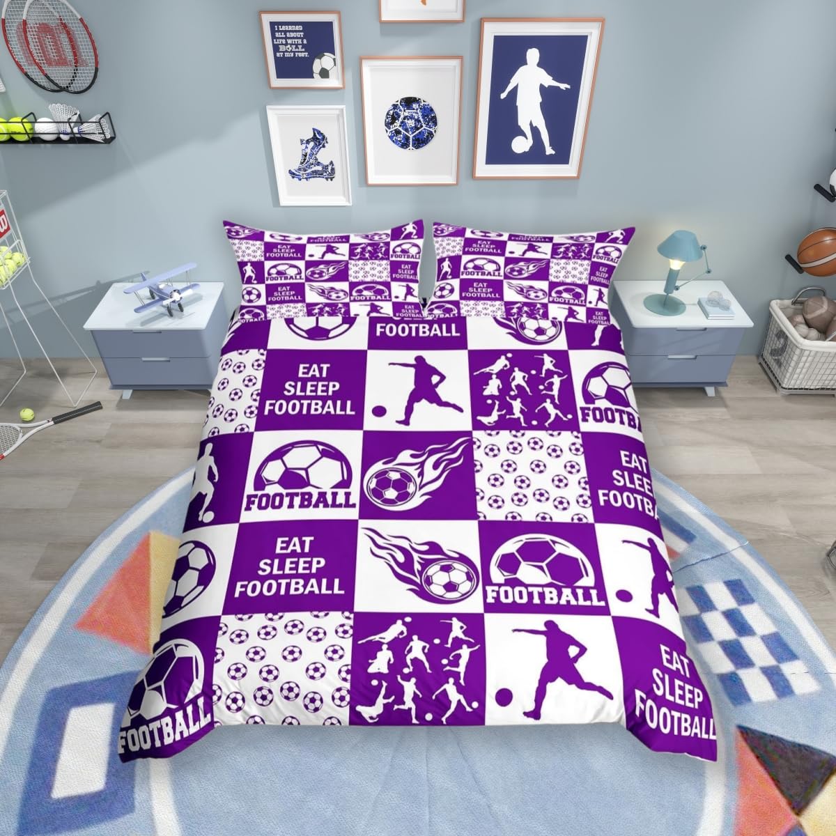Flame Football Kids Duvet Cover Set Double Size,Geometric Honeycomb Plaid Checkered Patchwork Bedding Set for Boys Girls,Soccer Ball Sport Game Purple Quilt Cover,2 Pillowcases(No Comforter) — image 1