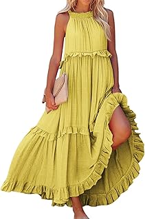 Smocked Dress Women Summer Sleeveless Tank Sundress Halter Tie Back Loose Flowy Ruffle Maxi Dresses with Pockets - Buy now