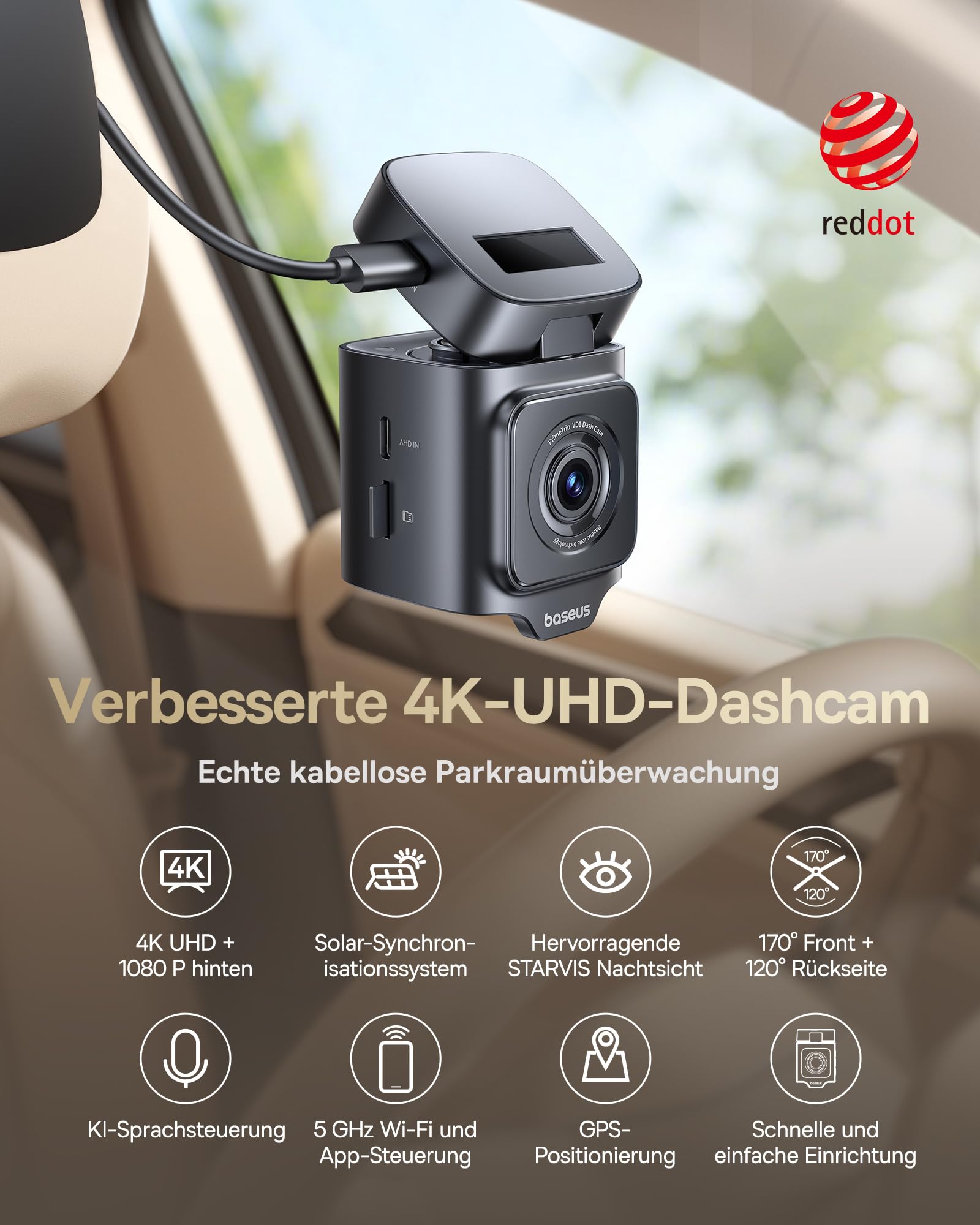 Baseus VD1 Pro Dashcam 4K+1080P Solar-Dashcam 14-Tägiger Batterie-Standby-Parkmodus STARVIS Nachtsicht 5GHz WLAN GPS 32GB
