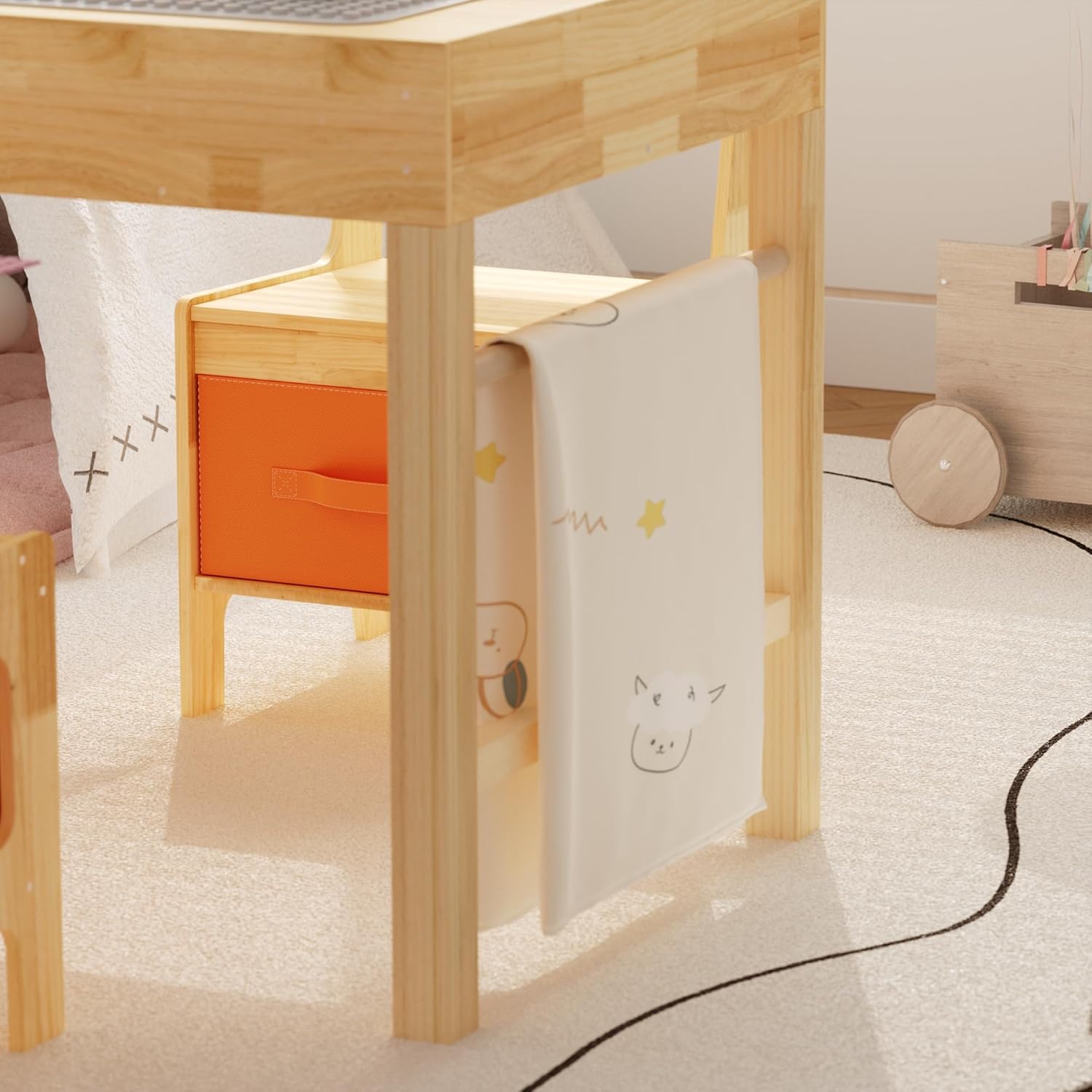 Pine Wood Kids Toddler Table and Chair Set, 3 in 1 Wooden Art Activity Play Craft Desk with Storage Basket, Children Building Blocks Tabletop, for Boys Girls, Natural