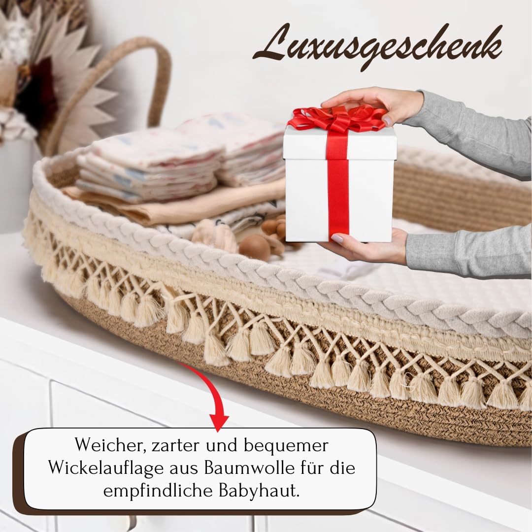 SEBRAM Wickelkorb Baby – Handgefertigte Wickelauflage mit Liebe, Wasserdichte Matratze und Tragetasche | Sicher & Schön fürs Babyzimmer – Farbe: Beige