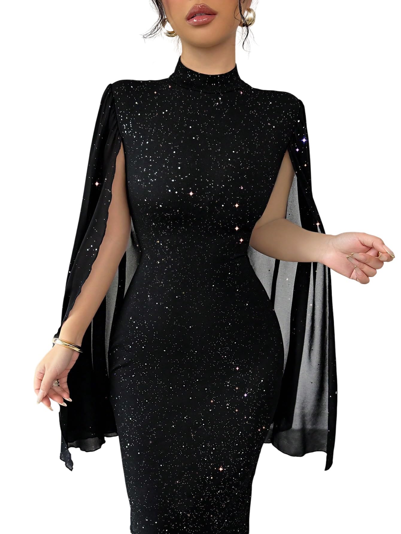 SweatyRocks Pailletten Kleid Damen Party Langarm Kleid Herbstkleid Elegant Maxikleid Mesh Glitzerkleid Lang Party Kleider Abendkleider