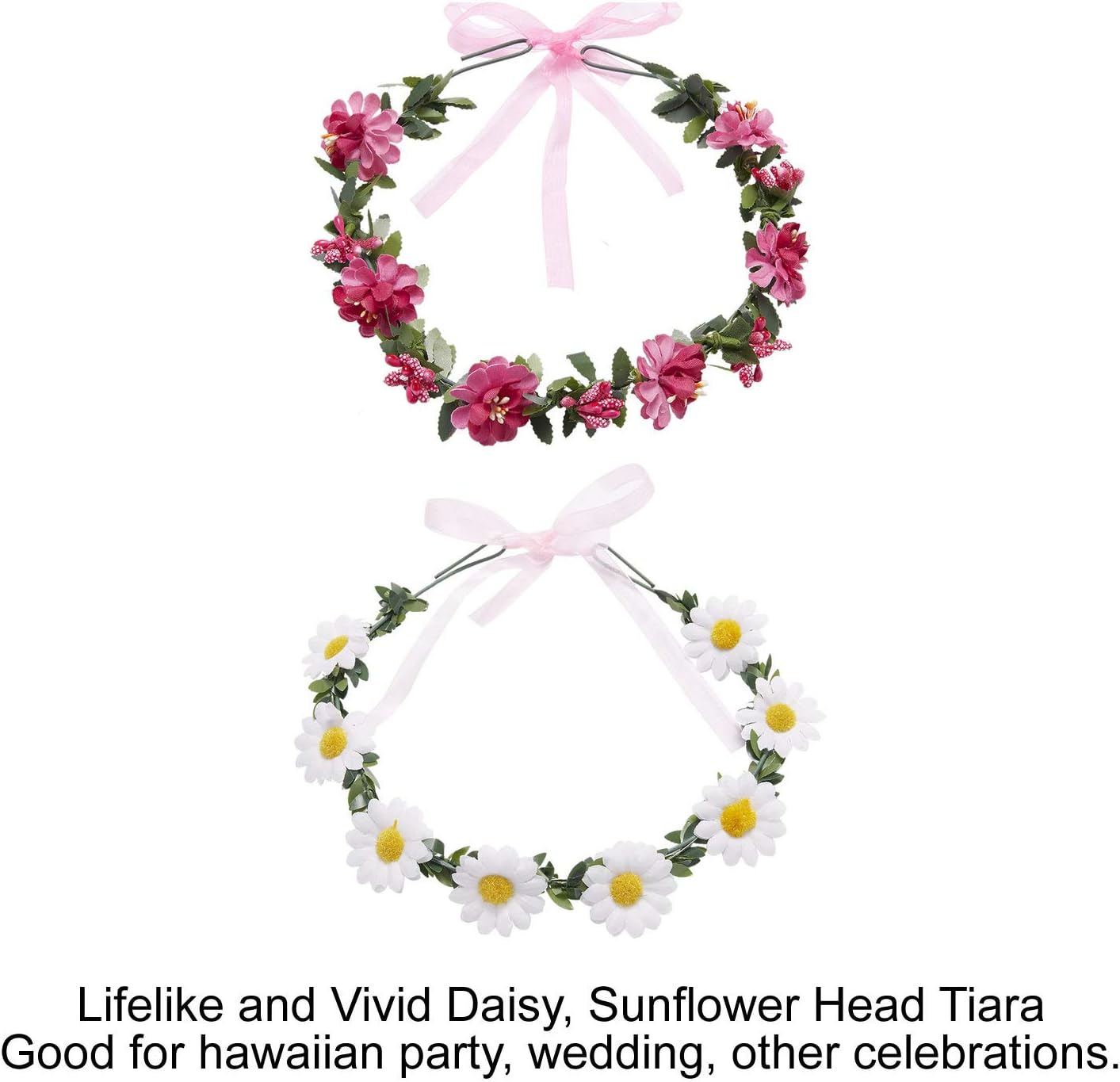 Lawie 8 Pack Boho Flower Crowns Floral Wreath With Ribbon Halo Headbands Garland Wedding Bridal Bridesmaid Headpiece Tiara Sunflower Daisy Rose Hairbands Hawaiian Party Accessories for Kids Women Girl