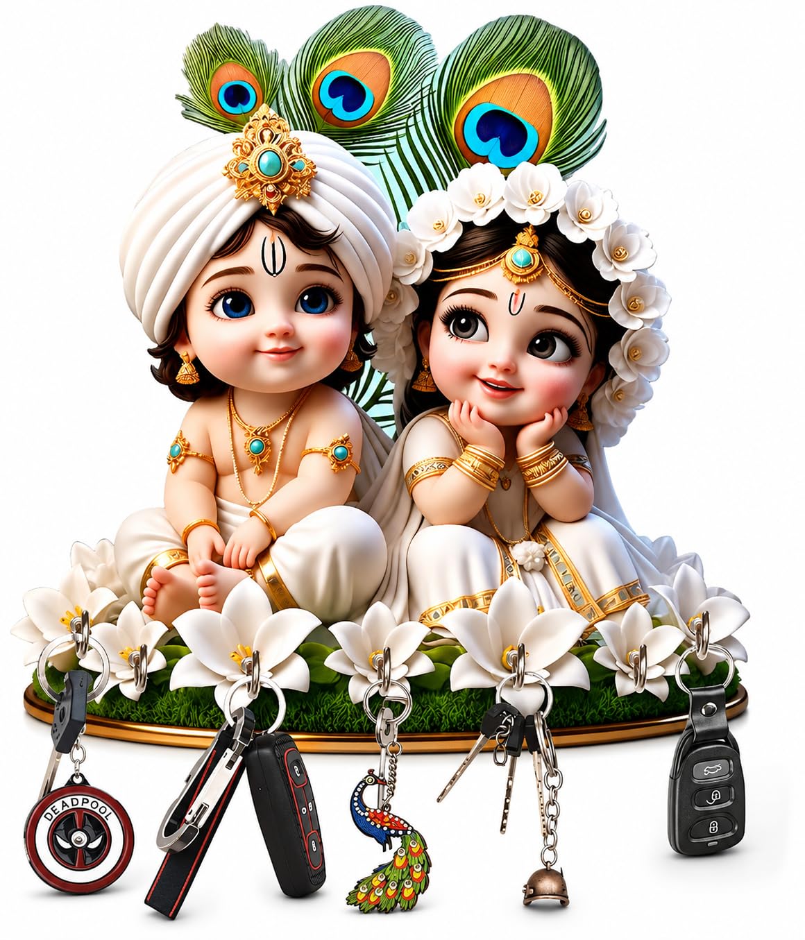 BANISTROKES Radha Krishna Key Holder for Wall | Cute Baby Krishna Radha Wooden Key Stand | Decorative Key Hanger with 7 Hooks | Home Entrance Wall Decor | Gift for Housewarming-image-40