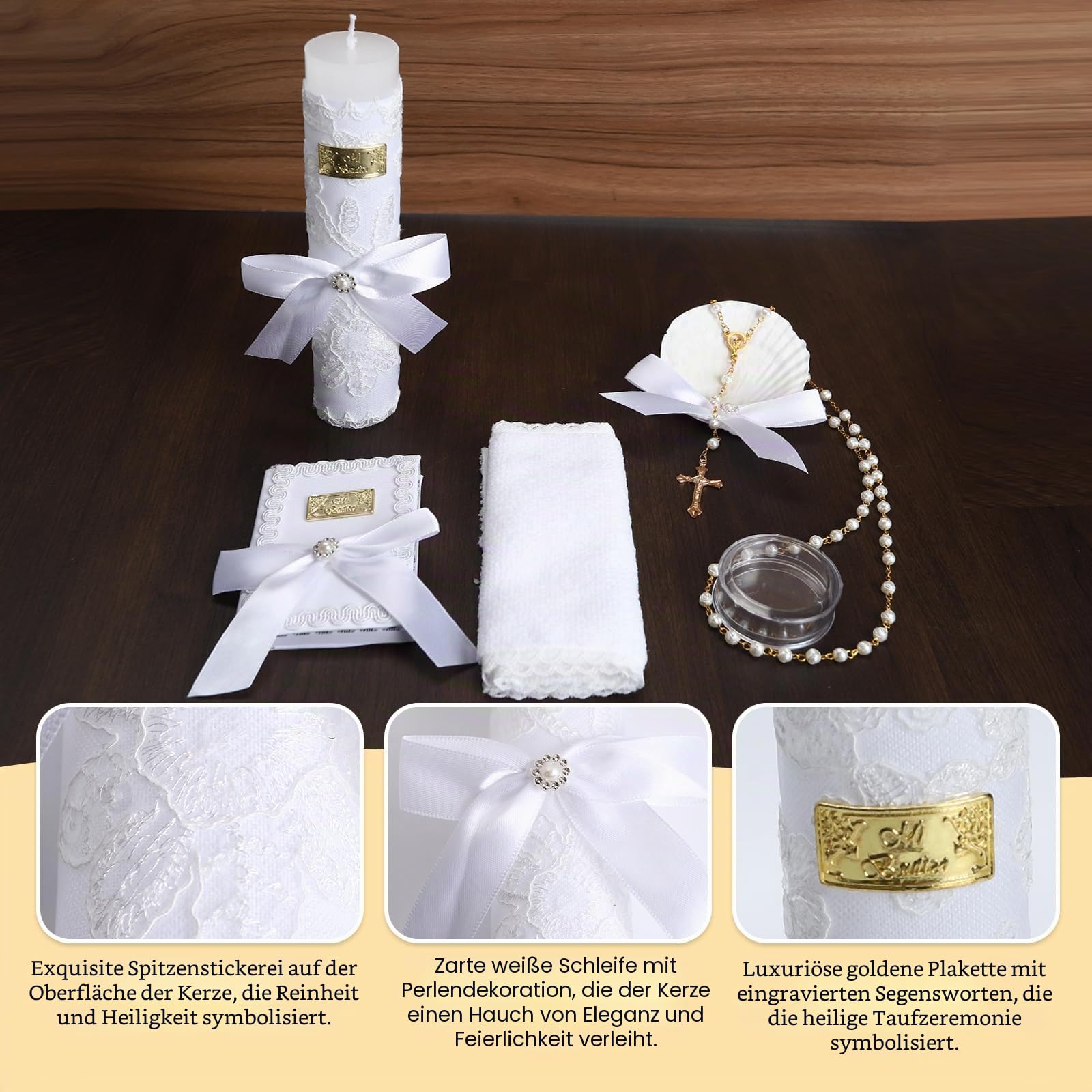 Taufkerzen-Set für Jungen und Mädchen, 5-teiliges Taufset, katholische Kerze, Taufmuschel, Handtuch, Rosenkranz, Bibel für Baby-Widmung, Taufgeschenk, Velas para Primera Comunión De Niño Bautizo de