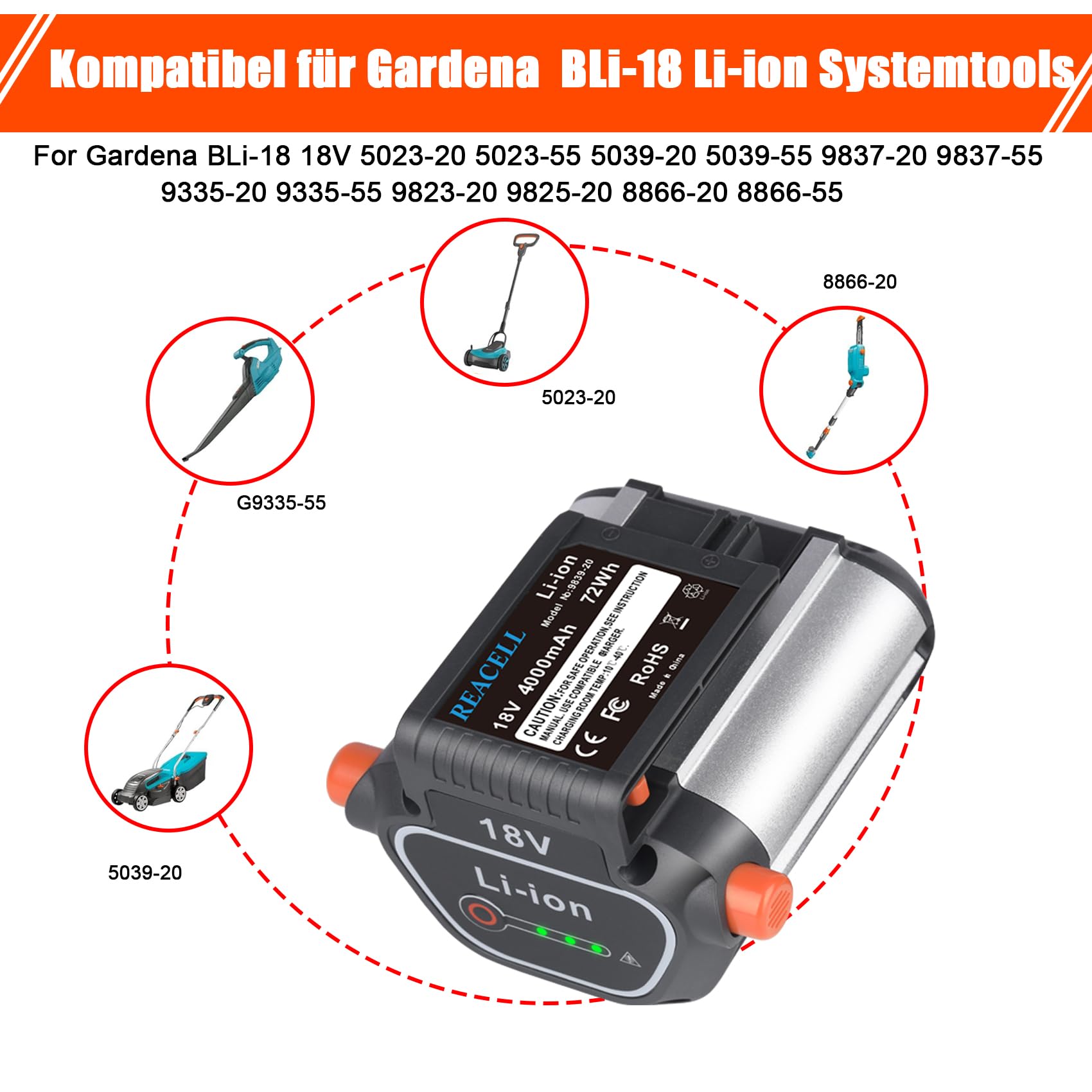 18V 4000mAh 9839-20 Akku Kompatibel für Gardena Akku 18V BLi-18 9840-20 9839-20 Kompatibel mit Gardena Li-ion System Li-18 Werkzeugen 5023-20 5039-20 9837-20