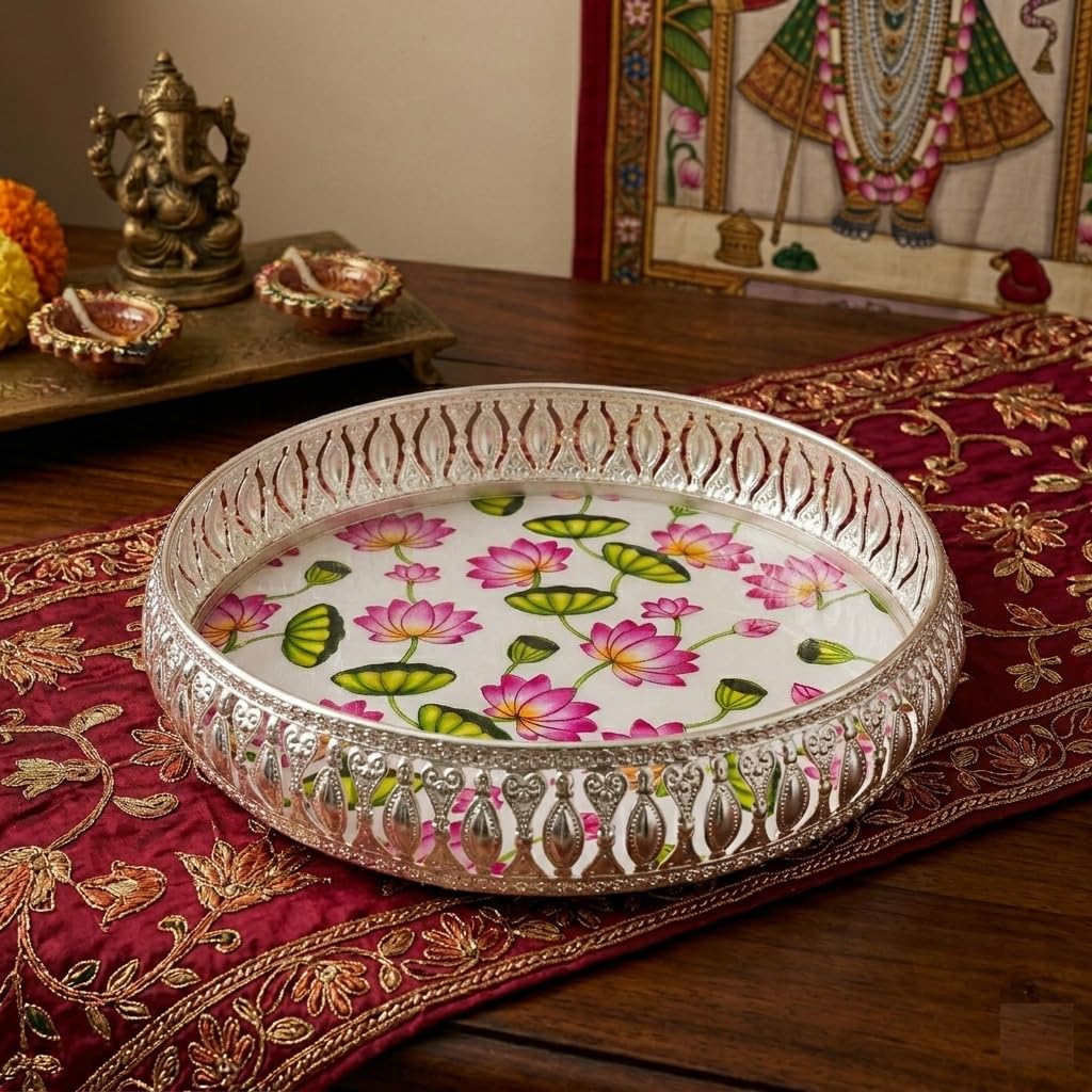 Handcrafted White Pichwai Decorative Tray 10 Inch German Silver Metal Platter for Pooja Diwali Decor Wedding Gift-image-21