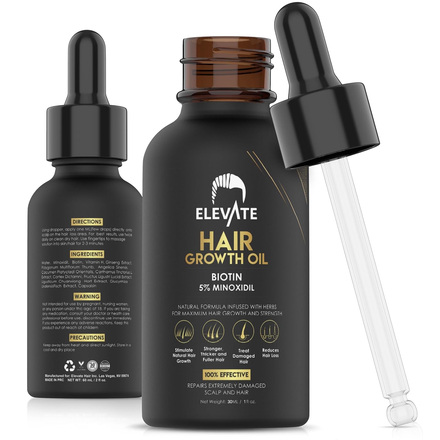 ELEVATE Hair Growth Oil – Biotin Serum & 5% Minoxidil Treatment for Stronger Thicker Longer Hair – Natural Hair Growth Thickening Treatment – Stop Thinning & Hair Loss for Men & Women 1oz