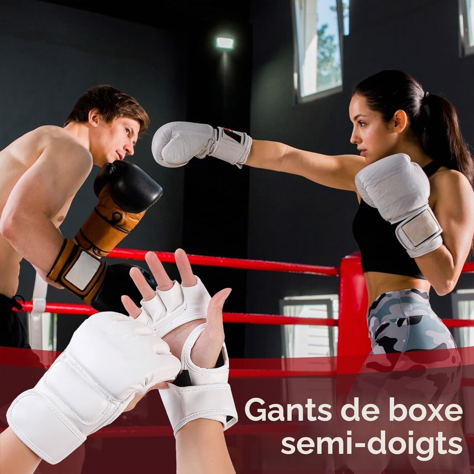 HERCHR 1 Paire de Gants de Boxe Demi-Doigts, Paumes Ouvertes Gants de Combat Kickboxing Gants de Sparring Respirants en Cuir Maya Hide Support de Poignet pour Arts Martiaux Muay Thai