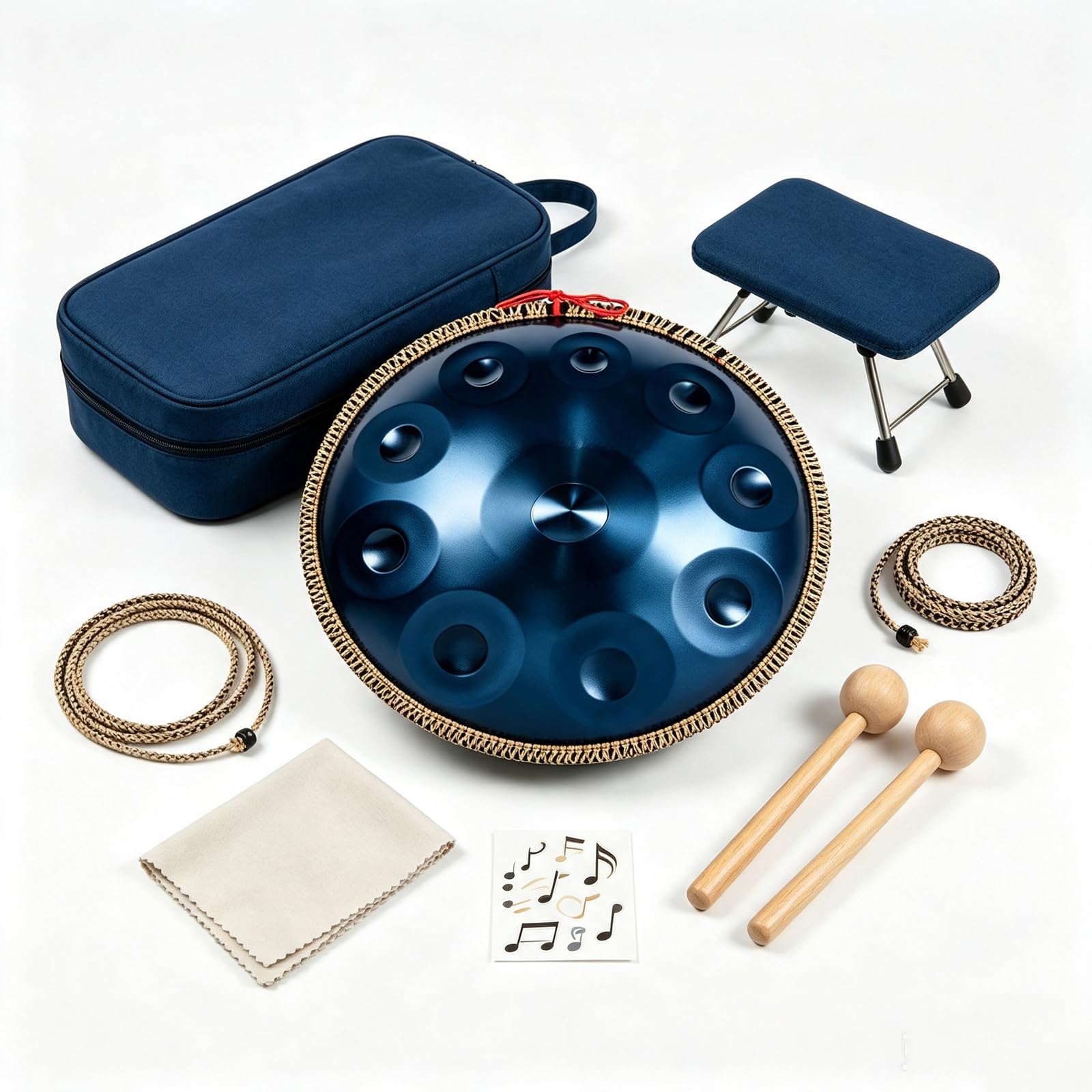 Handpan Curdo In Re Minore Da 22 Pollici, Strumento A Percussione In Acciaio A 10 Note Per La Meditazione, Set Di Handpan Con Borsa Per Il Trasporto, Sgabello Pieghevole, Bacchette, Corda, Blue
