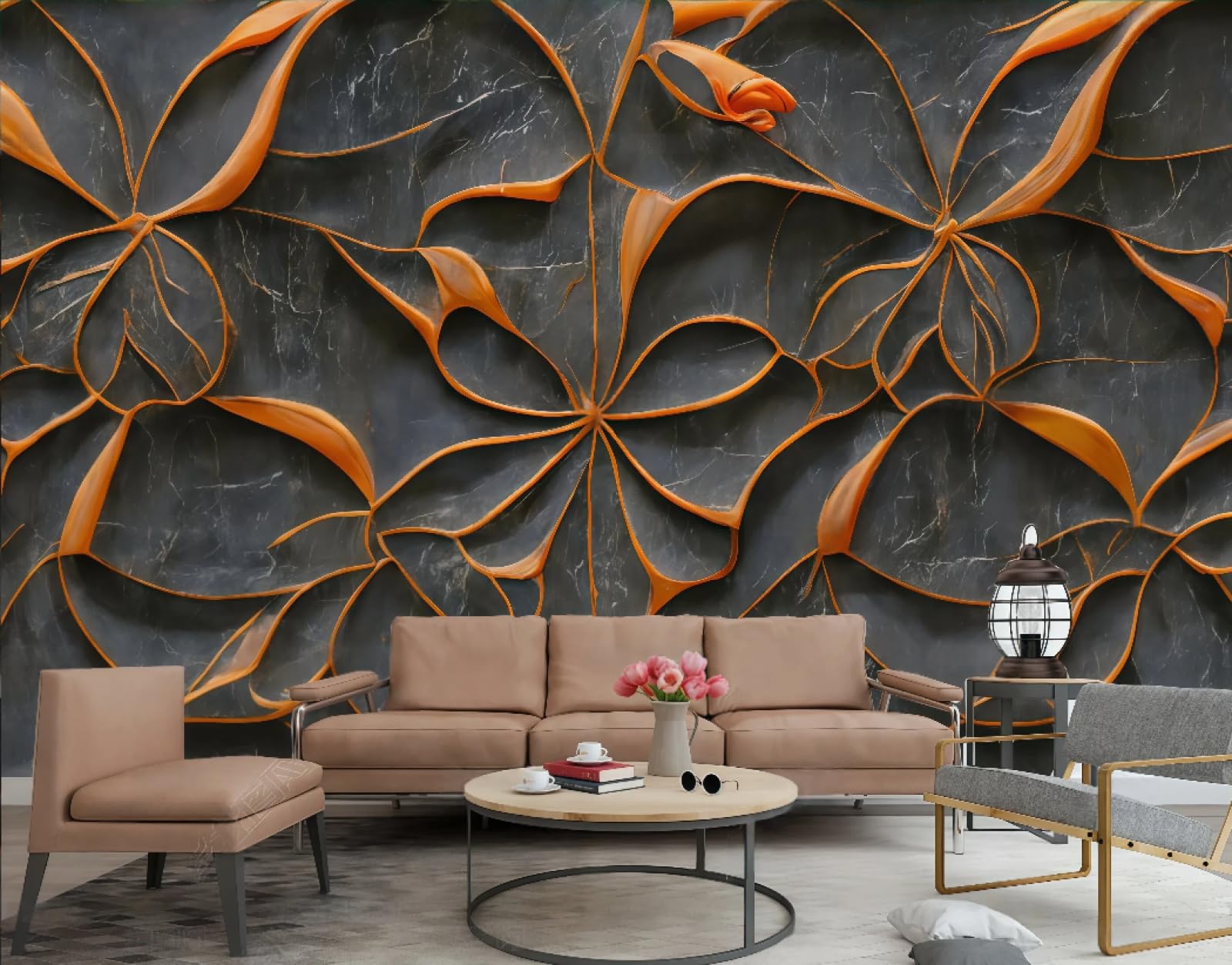 Tapeta trójwymiarowa abstrakcyjna pomarańczowa rzeźba w skale relief marmurowy wzór TV sofa tło tapeta ścienna salon restauracja kawiarnia mural, 3D, 200 x 140 cm