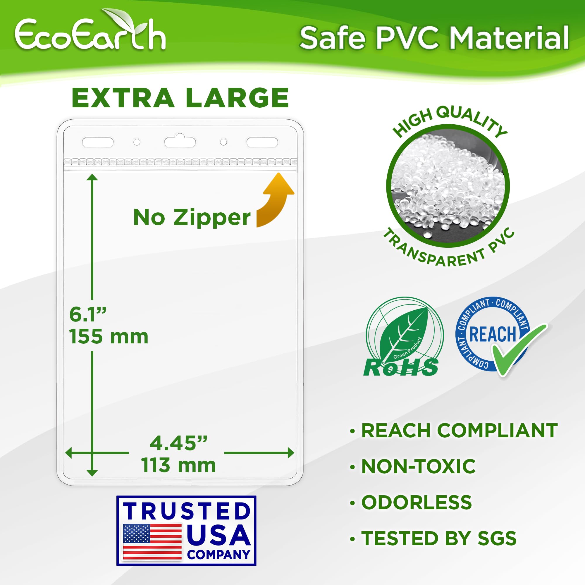 EcoEarth Passport & Identification Card Holders with Soft Edge (Clear, 4x6 Inch, 100 Pack), Extra Large Vertical ID Holder, Zipperless Plastic Name Badge Holders