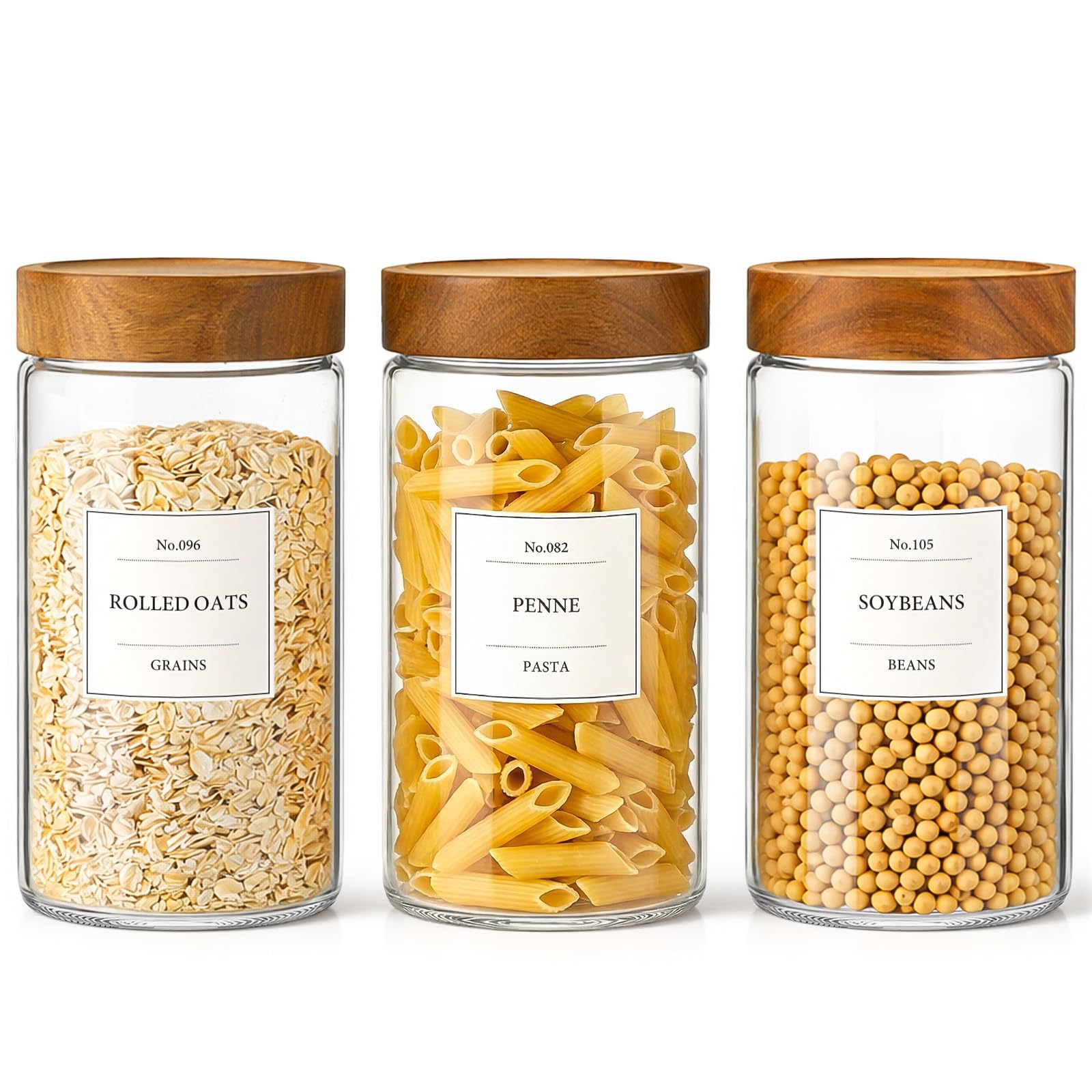 Photo 1 of CONNOO 40oz Airtight Glass Storage Containers with Wood Lids (3-Pack) – Includes 120 Pre-Printed Waterproof White Kitchen Labels – Tall Pantry Canisters for Flour, Pasta & Cereal
