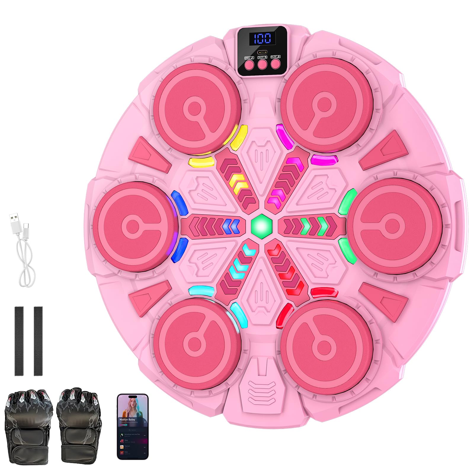 JDKJAG Smart Music Boxing Machine, Wall-Mounted Bluetooth Boxing Machine with Music, 9 Speed Rhythm Mode Adjustment, LED Lights, Music Punch Machine for Kids Adults (Pink)