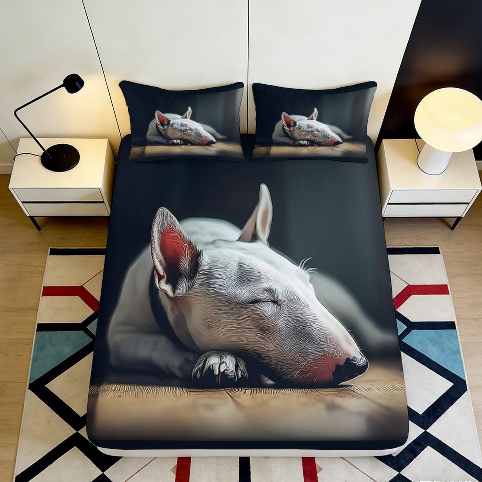 3D Printed Sleeping Bull Terrier Fitted Sheet Microfiber Soft Breathable Dog Art Bed Cover for Bedroom Decor Protection 90x200x25cm