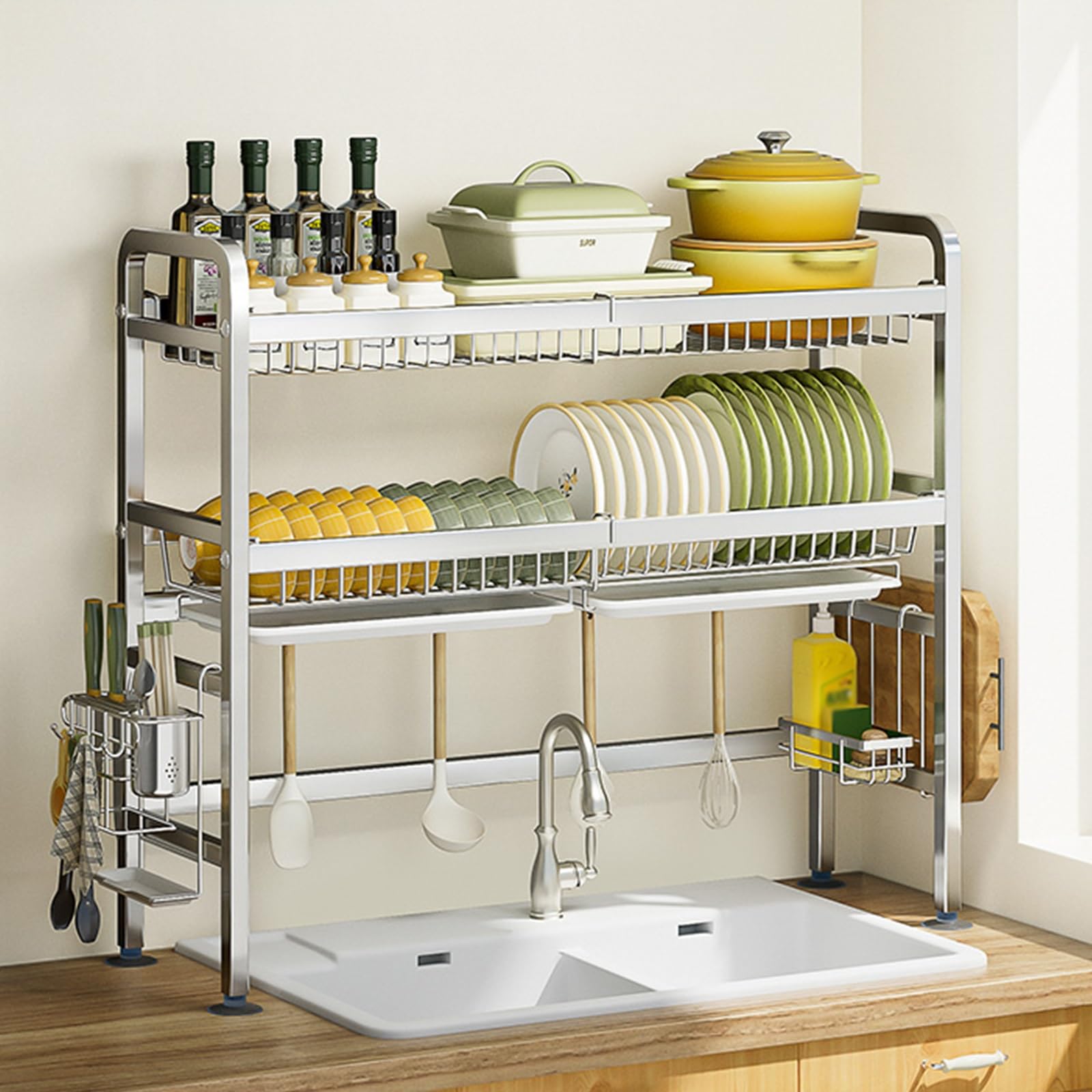 Abtropfgestell für Geschirr über der Spüle Abtropfgestell mit Besteck- und Küchenutensilienhaltern platzsparend für die Küchenarbeitsplatte Organizer über der Spüle (Silber 2 87 cm/34 3 Zoll)
