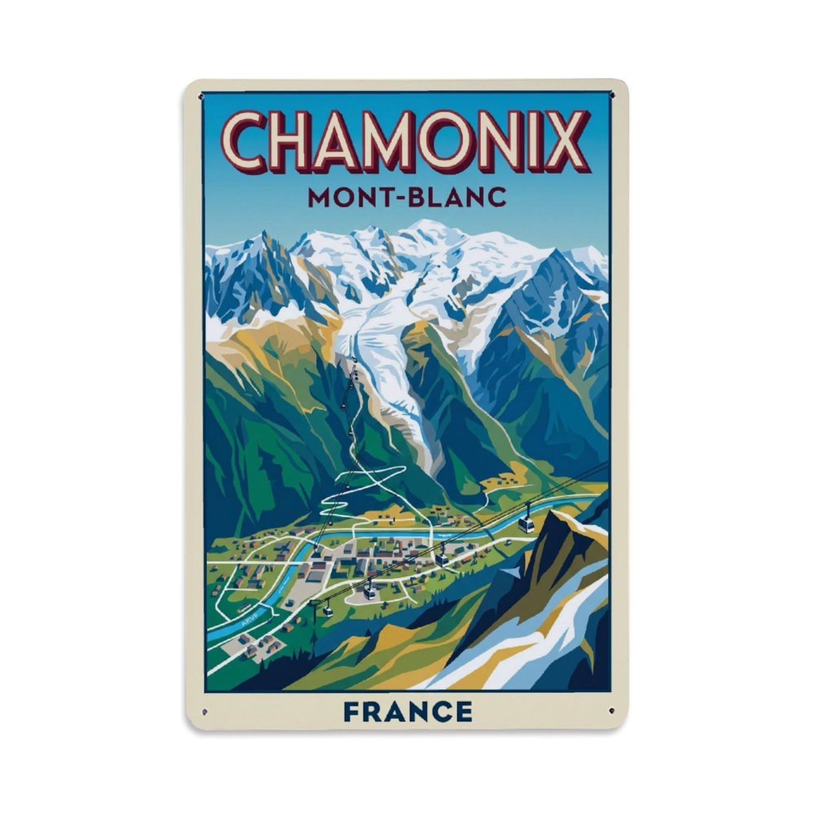 Olhnbad Style Alpine Chamonix France Aerial Mountain Travel Metal Tin Sign