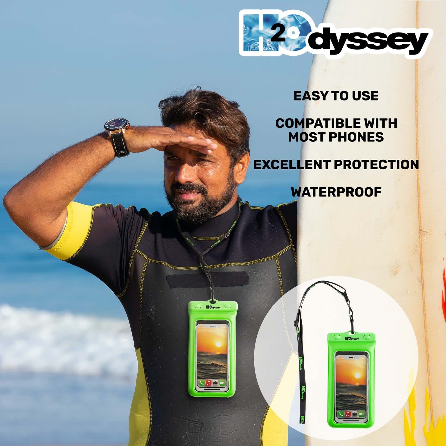 H2ODYSSEY Funda impermeable para teléfono y cordón, excelente protección impermeable, flota en el agua verde