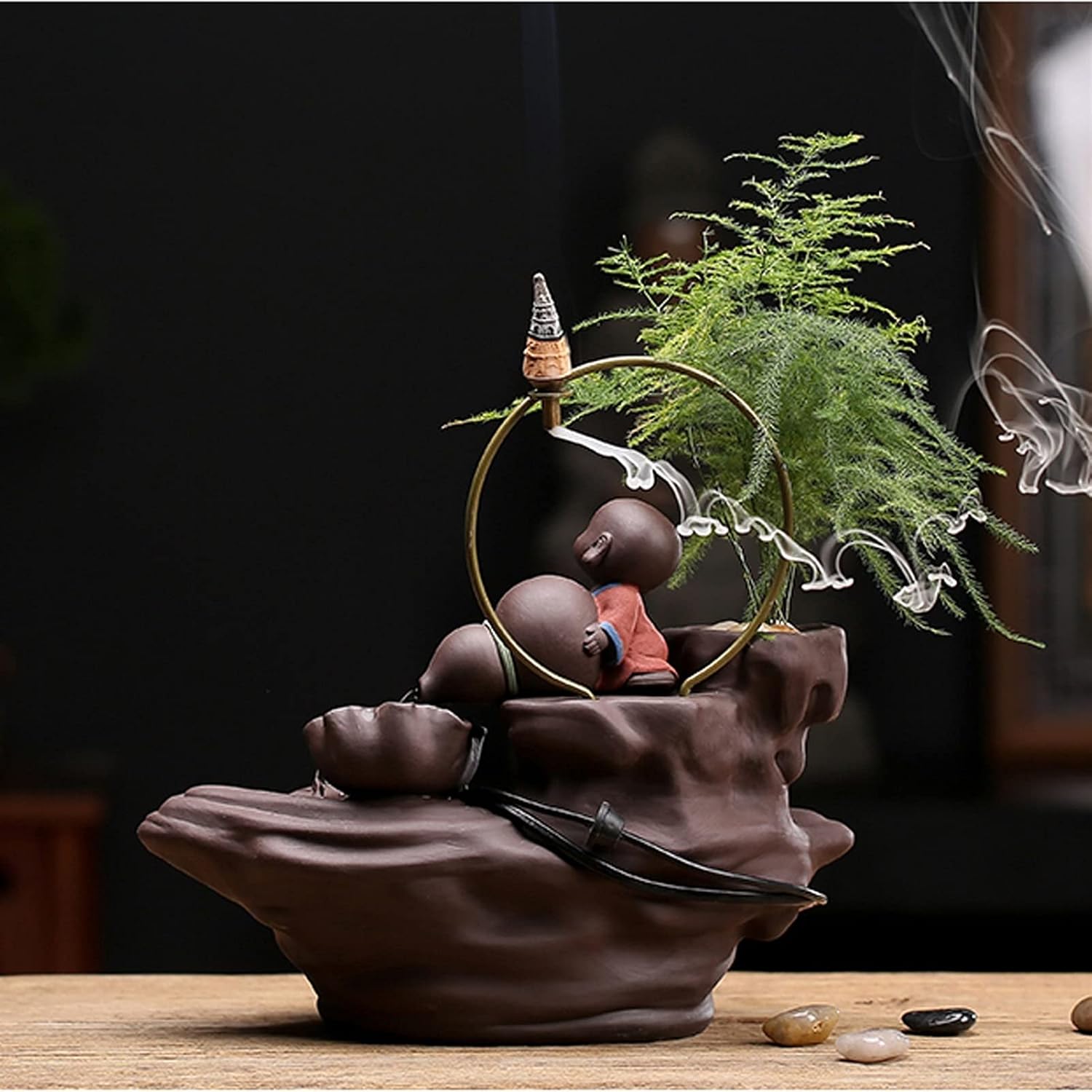 Tabletop Water Fountain Zen Chinese Style Flowing Water Ornaments Tabletop Fountain Purple Clay Little Monk Waterfall Incense Holders Home Decor Gift Decorations Décor Desktop Fountain